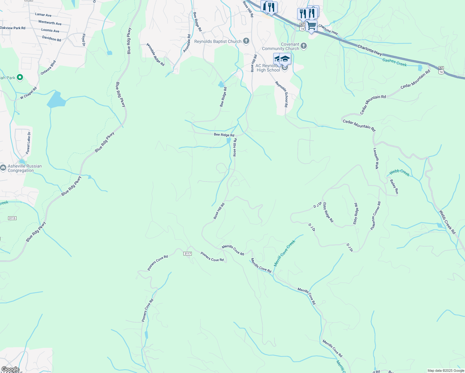 map of restaurants, bars, coffee shops, grocery stores, and more near 188 Rose Hill Road in Asheville