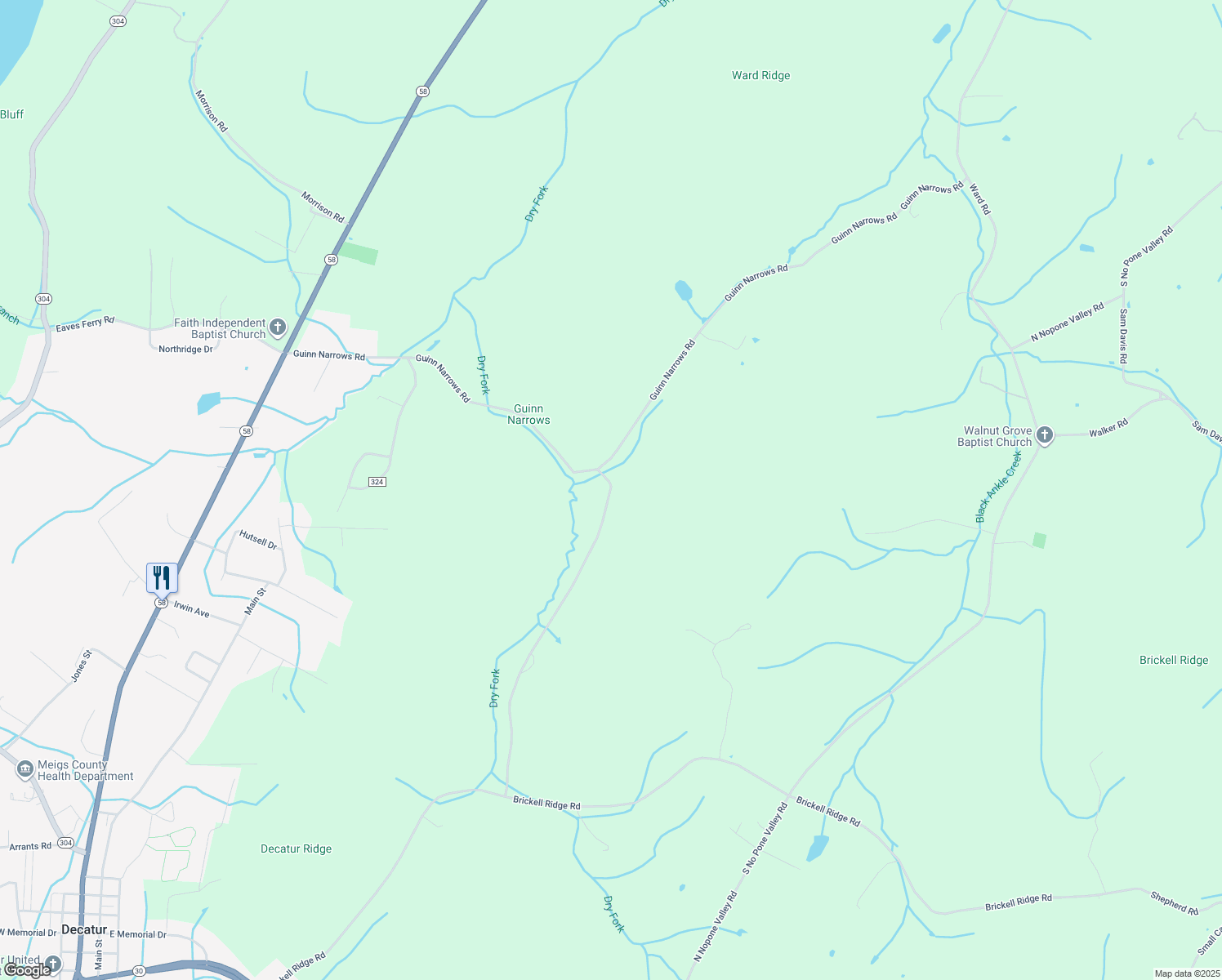 map of restaurants, bars, coffee shops, grocery stores, and more near Guinn Narrows Road in Decatur