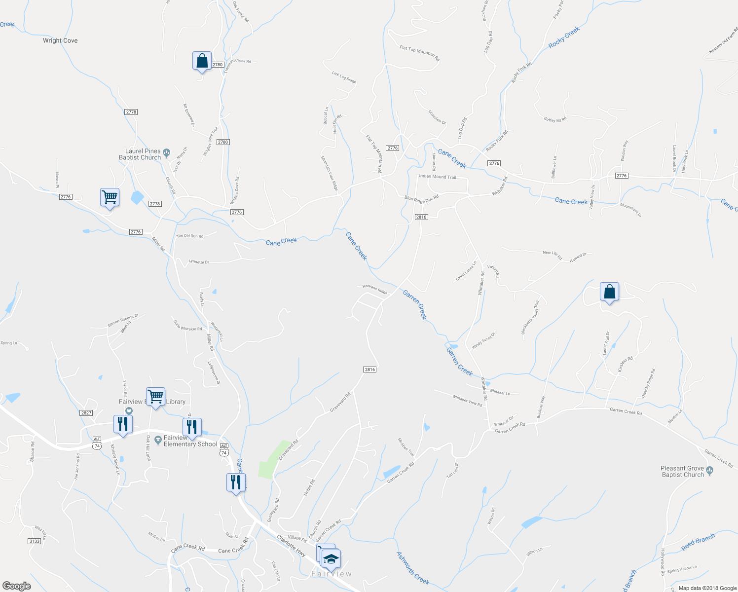 map of restaurants, bars, coffee shops, grocery stores, and more near 16 Nuthatch Court in Fairview