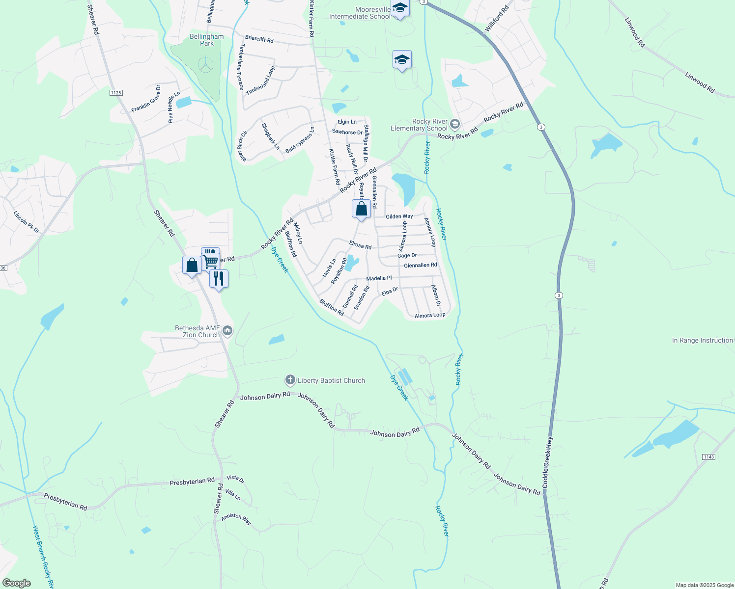 map of restaurants, bars, coffee shops, grocery stores, and more near 167 Scanlon Road in Mooresville