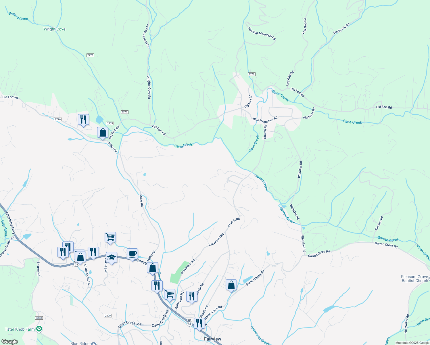 map of restaurants, bars, coffee shops, grocery stores, and more near 69 Heaven's Ridge in Fairview