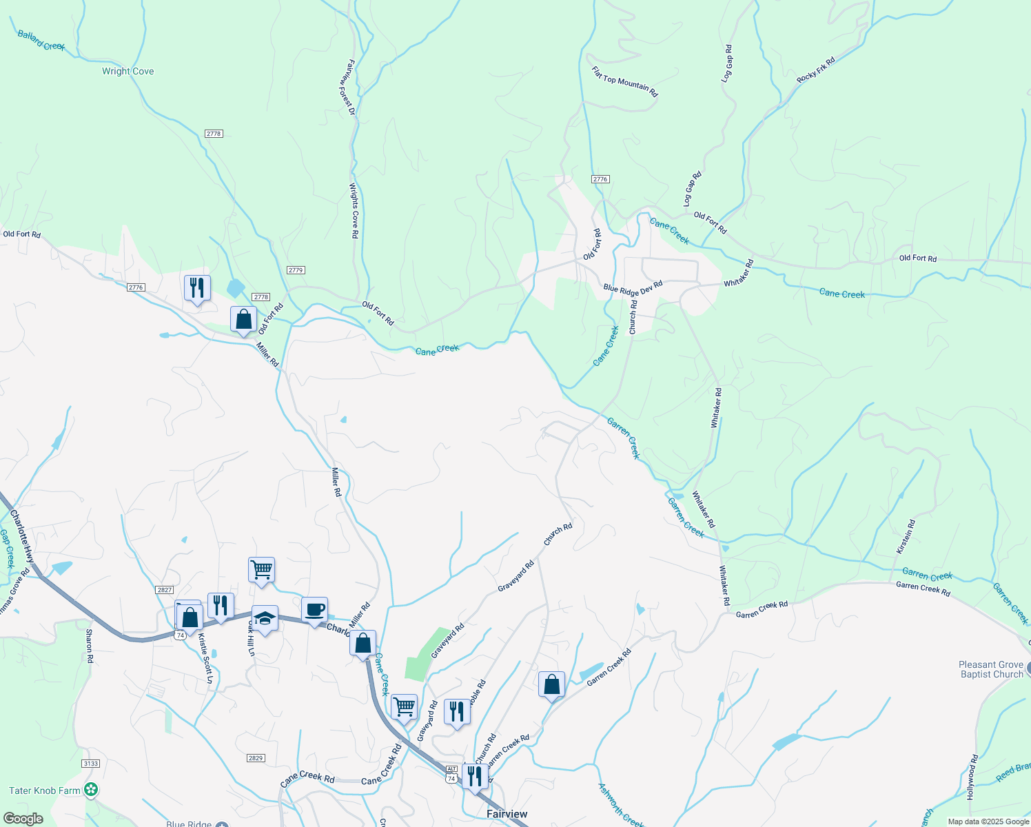 map of restaurants, bars, coffee shops, grocery stores, and more near 69 Heaven's Ridge in Fairview