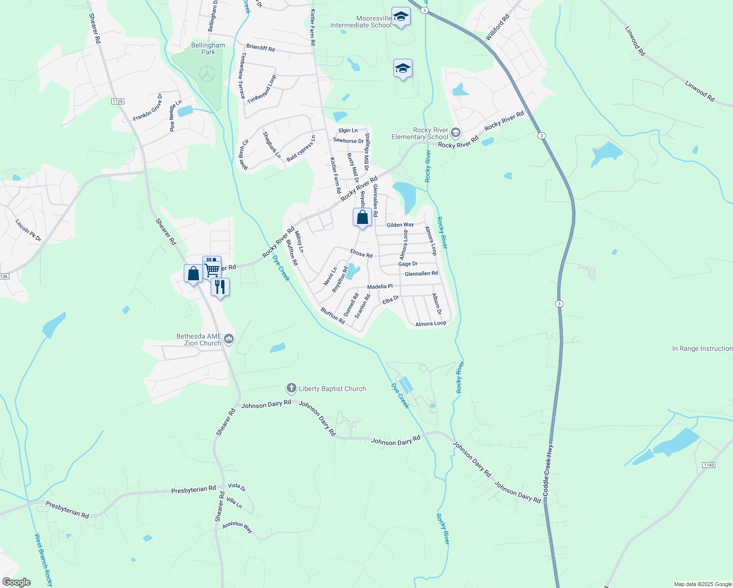 map of restaurants, bars, coffee shops, grocery stores, and more near 156 Scanlon Rd in Mooresville