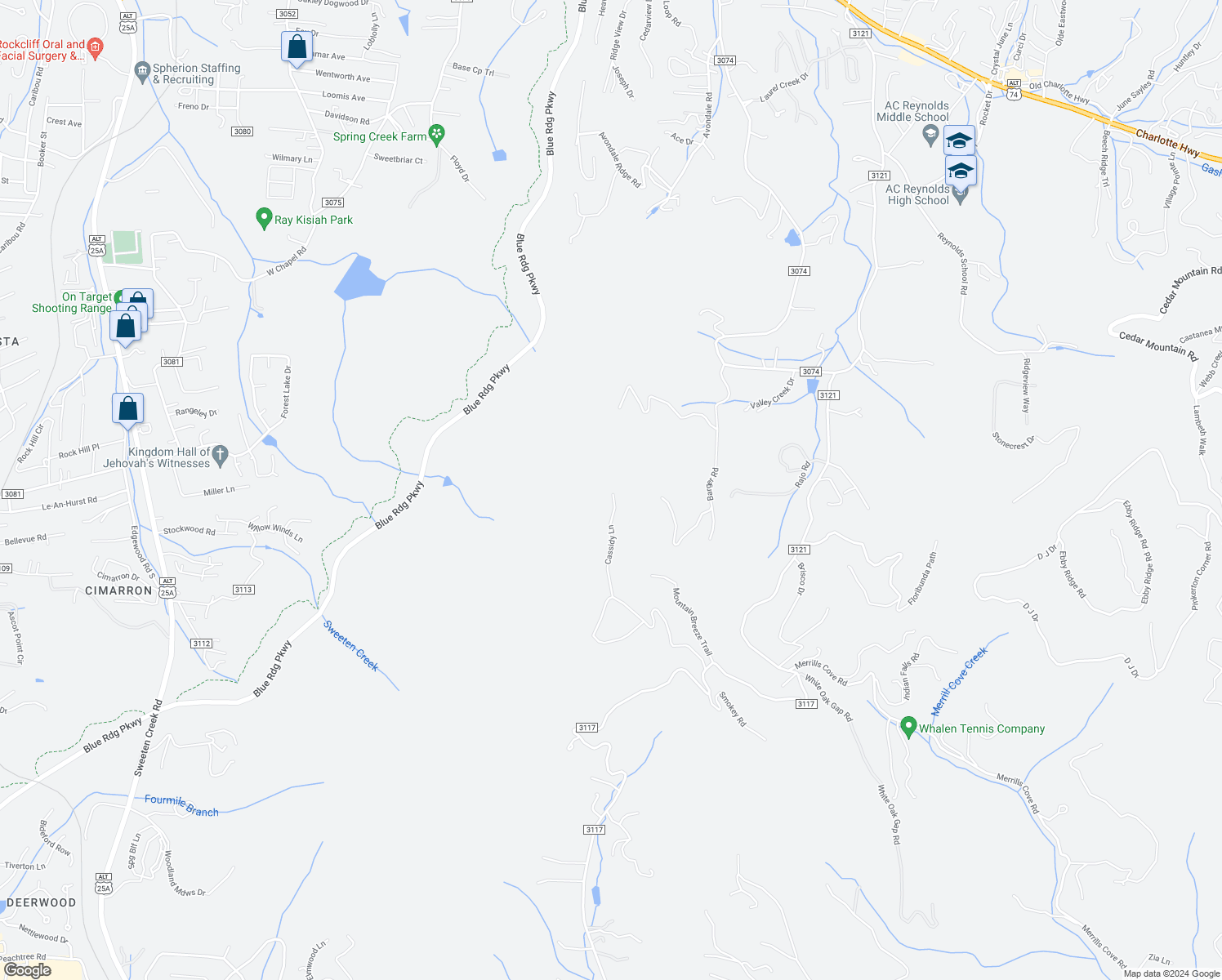 map of restaurants, bars, coffee shops, grocery stores, and more near 68 Cassidy Lane in Asheville
