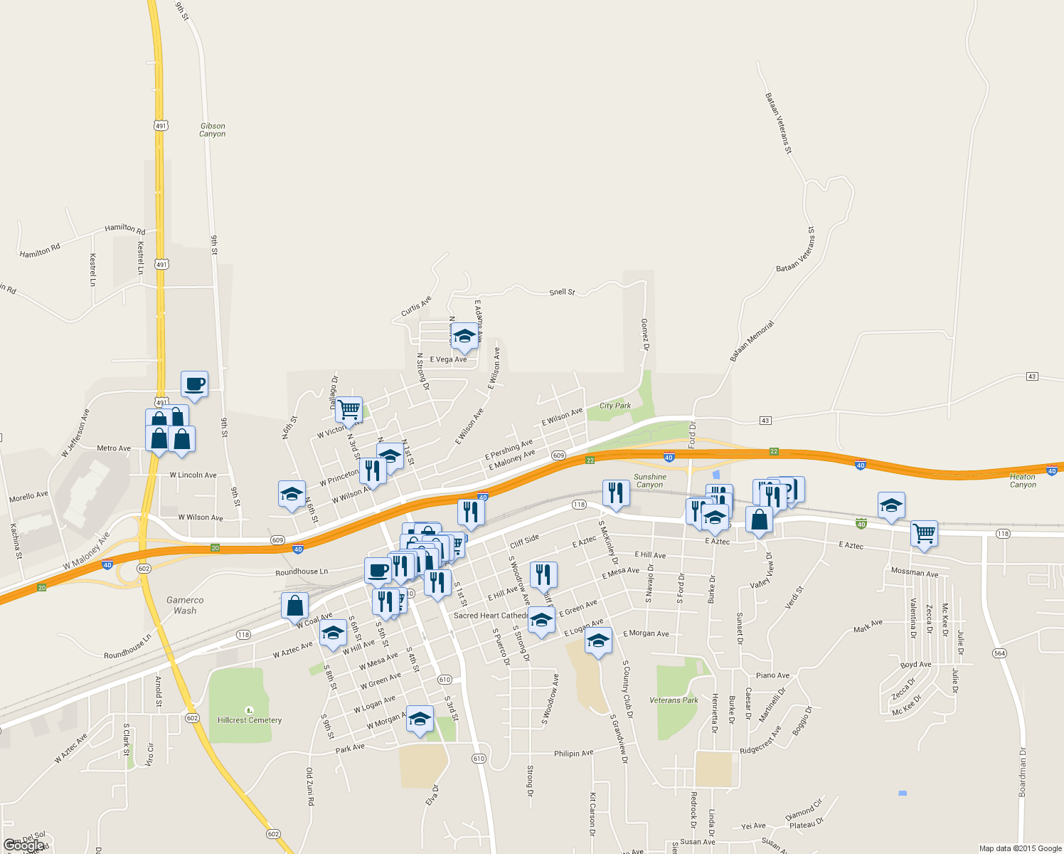 map of restaurants, bars, coffee shops, grocery stores, and more near East Wilson Avenue in Gallup