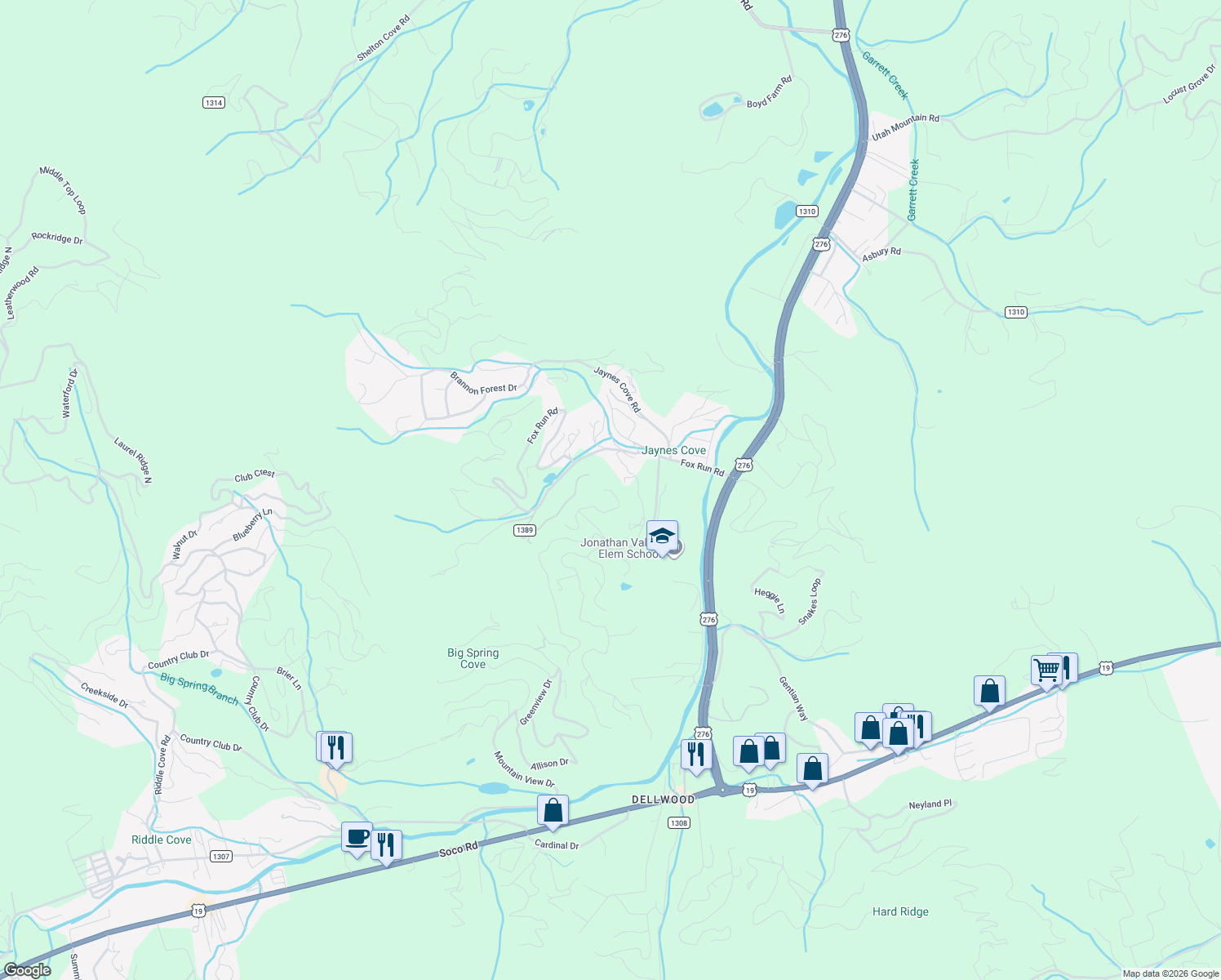 map of restaurants, bars, coffee shops, grocery stores, and more near 345 Junebug Trail in Waynesville