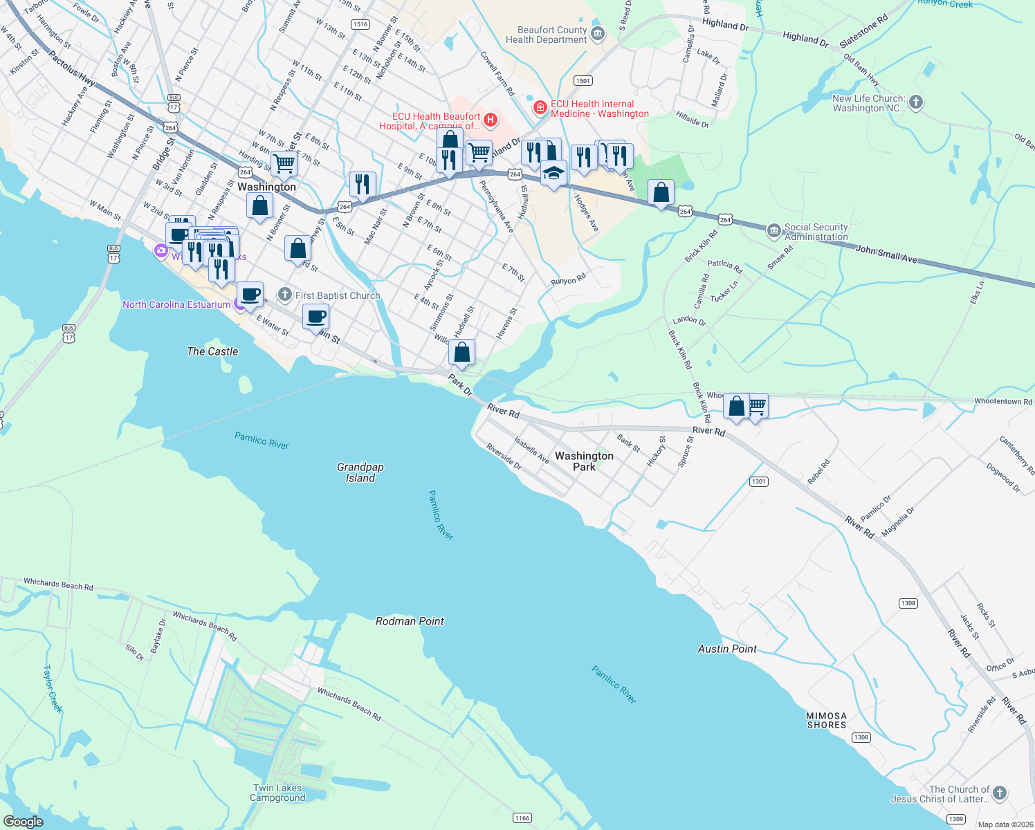 map of restaurants, bars, coffee shops, grocery stores, and more near 113 River Rd in Washington