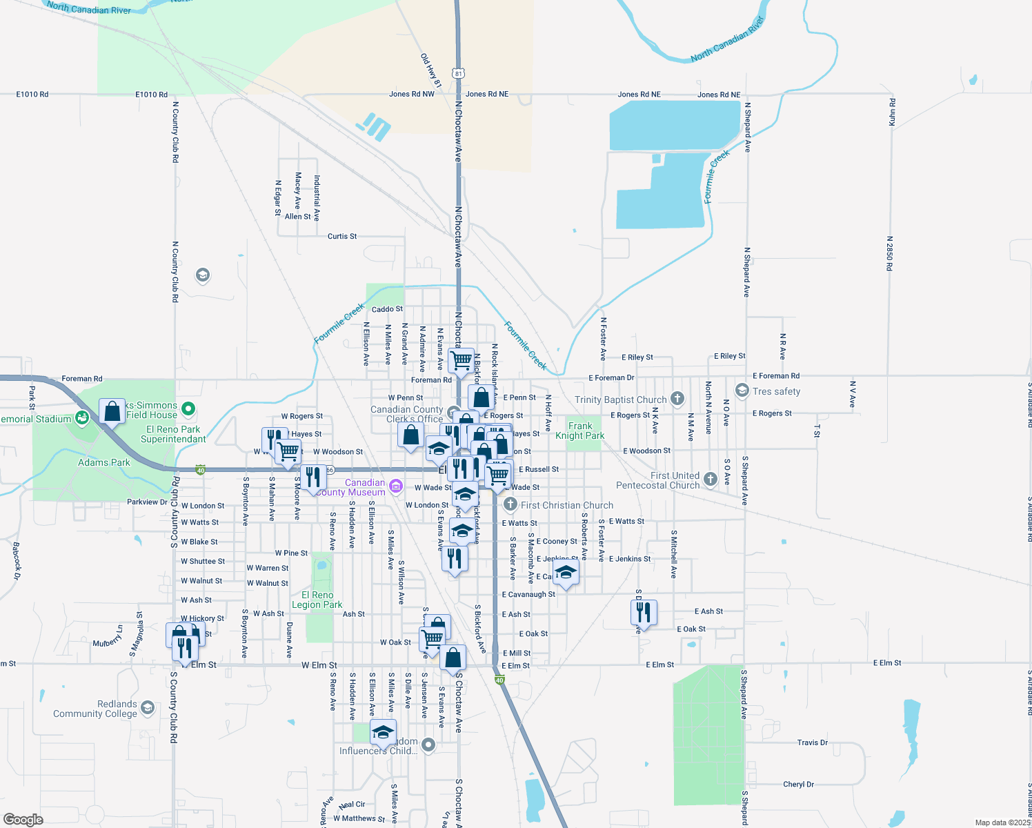 map of restaurants, bars, coffee shops, grocery stores, and more near 309 East Rogers Street in El Reno