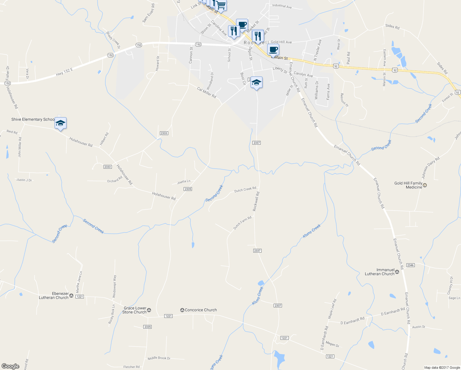 map of restaurants, bars, coffee shops, grocery stores, and more near 150 Dutch Creek Road in Rockwell