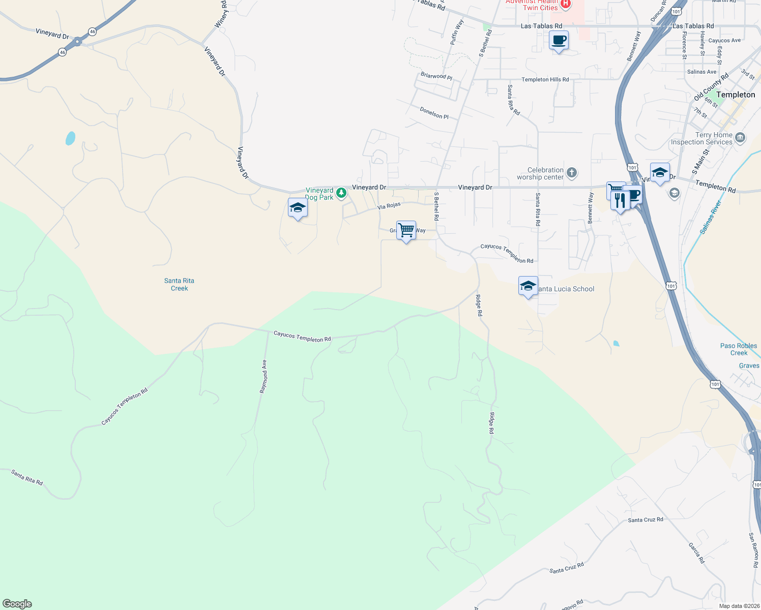 map of restaurants, bars, coffee shops, grocery stores, and more near 1711 Paradise Meadows Lane in Templeton