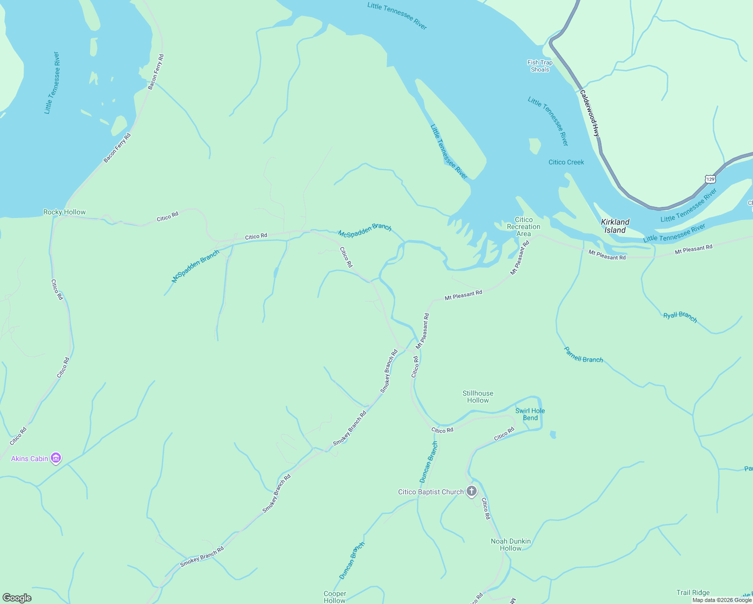 map of restaurants, bars, coffee shops, grocery stores, and more near 1720 Citico Road in Vonore