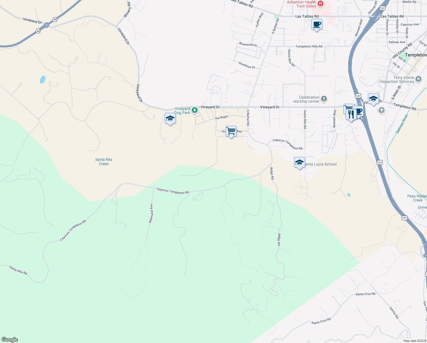 map of restaurants, bars, coffee shops, grocery stores, and more near 1711 Paradise Meadows Lane in Templeton