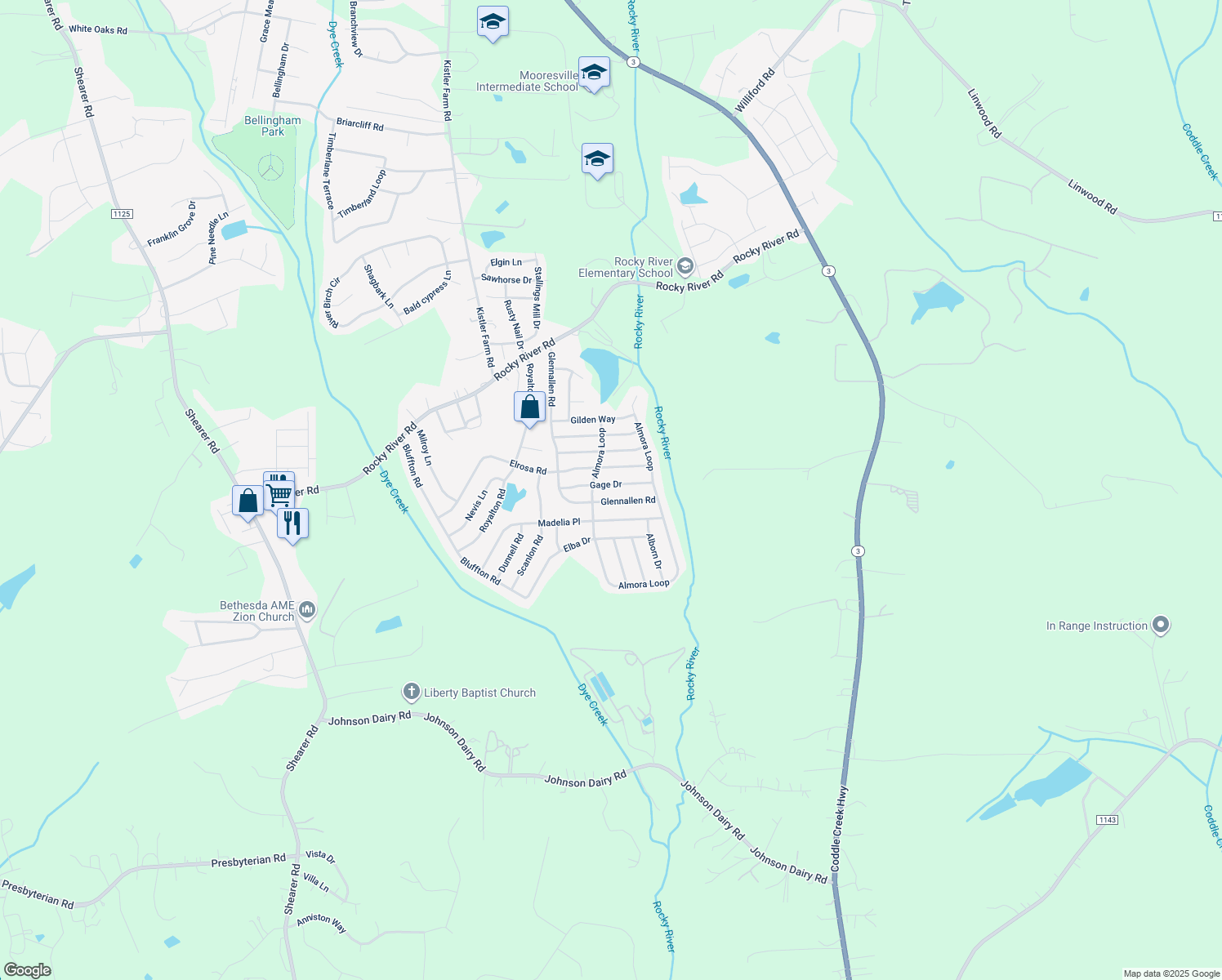 map of restaurants, bars, coffee shops, grocery stores, and more near 140 Gage Drive in Mooresville