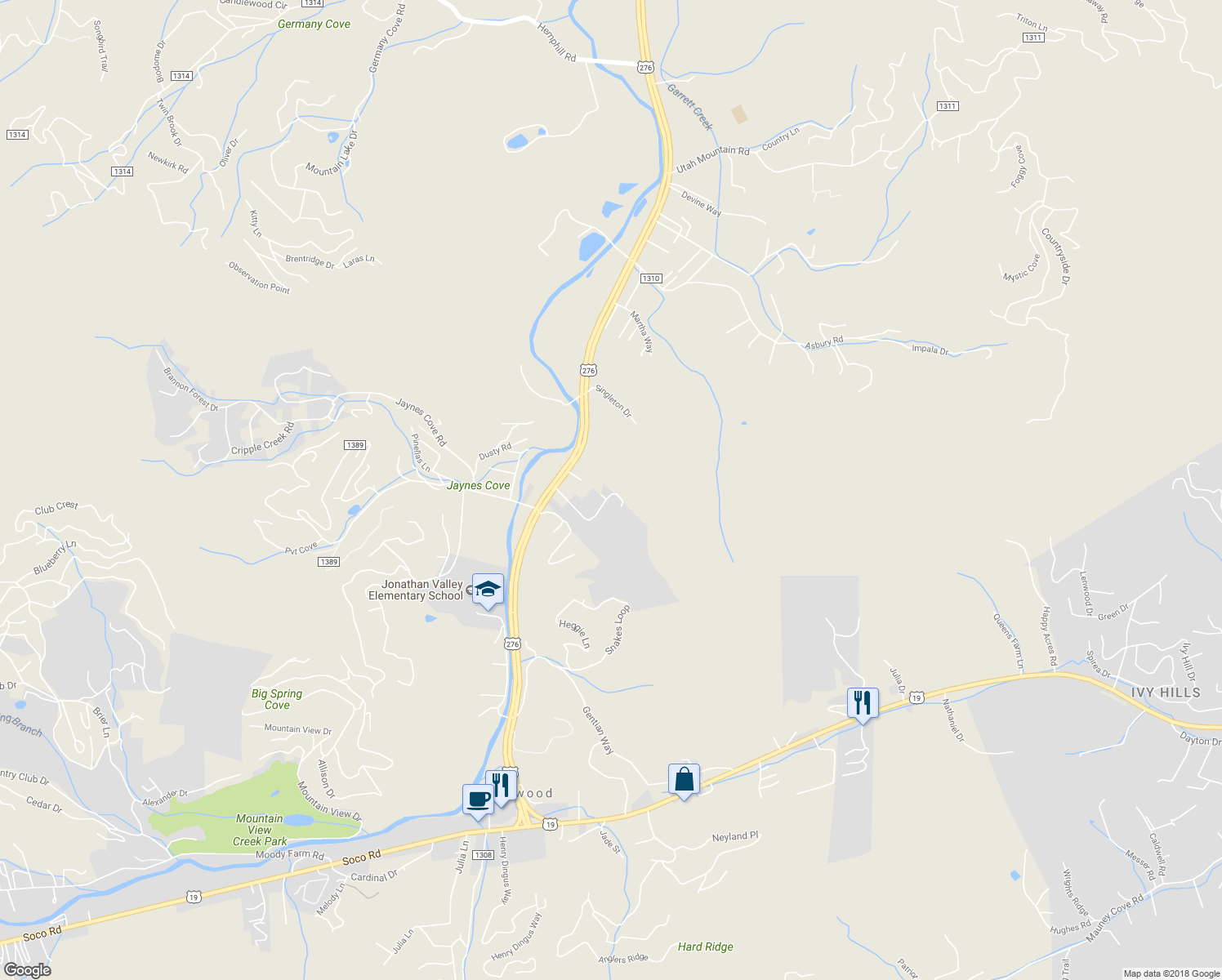 map of restaurants, bars, coffee shops, grocery stores, and more near 245 Tanner Trail in Waynesville