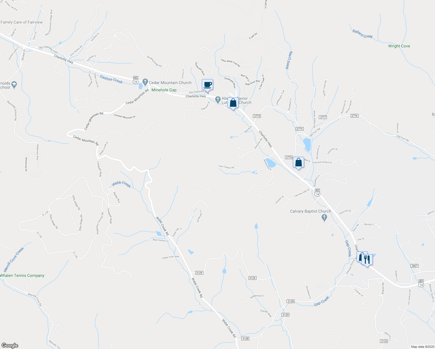 map of restaurants, bars, coffee shops, grocery stores, and more near 34 Twin Creeks Road in Fairview
