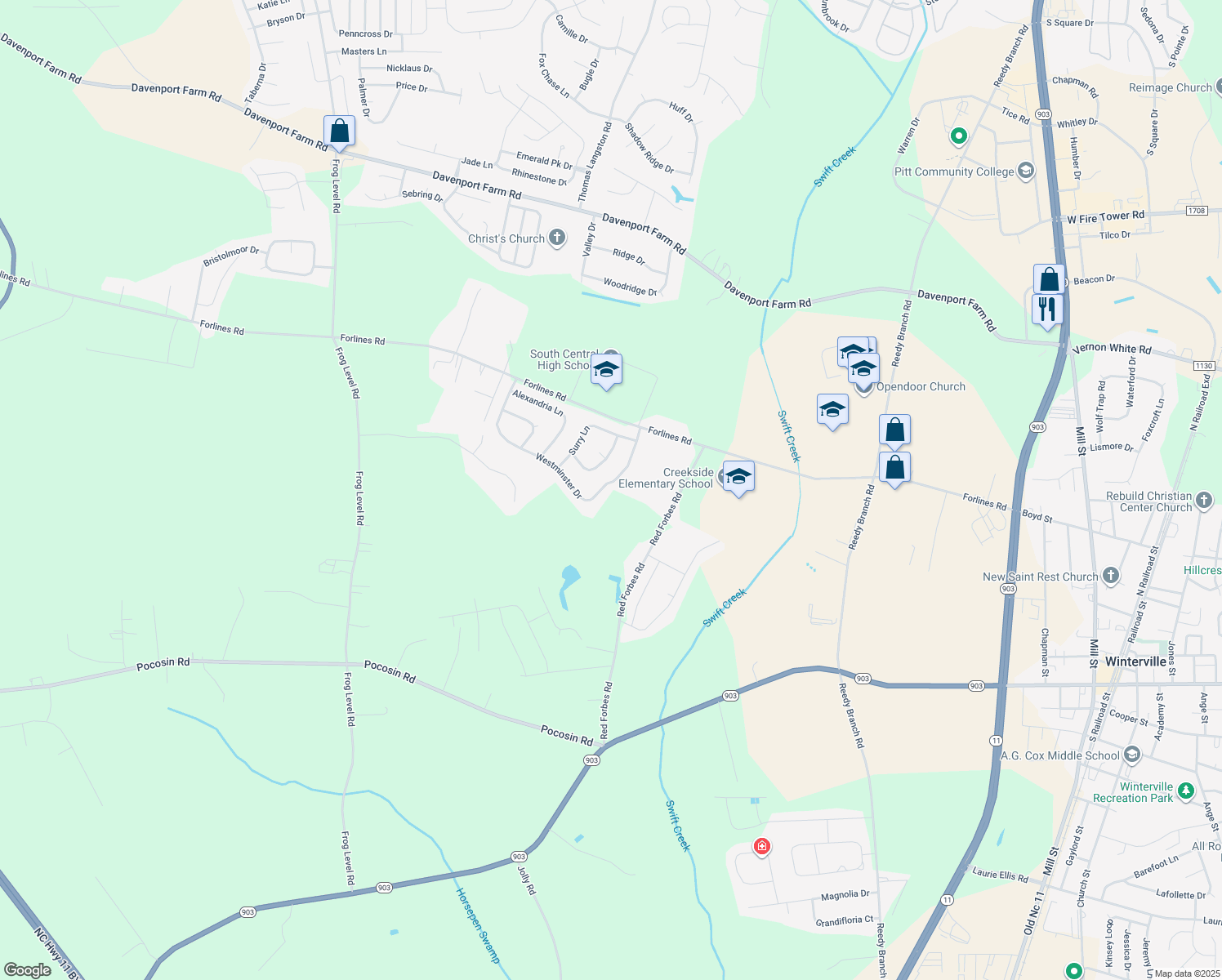 map of restaurants, bars, coffee shops, grocery stores, and more near 2485 Westminster Dr in Winterville