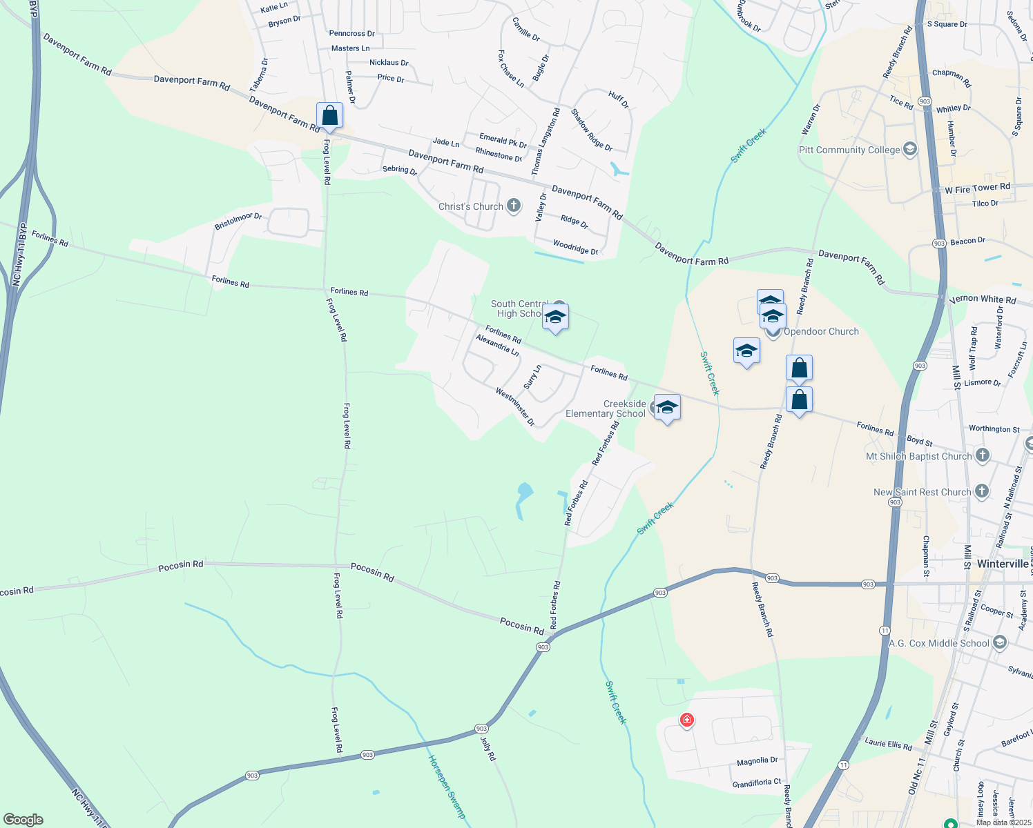 map of restaurants, bars, coffee shops, grocery stores, and more near 2559 Westminster Dr in Winterville