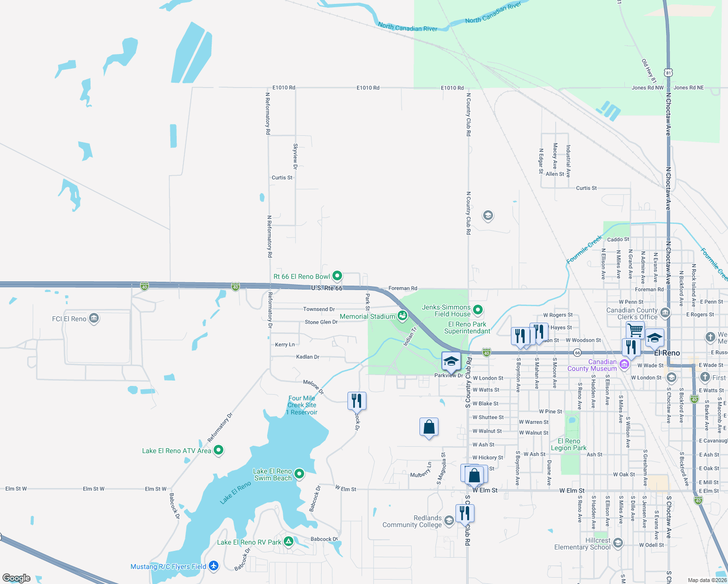 map of restaurants, bars, coffee shops, grocery stores, and more near 2401 Sunset Drive in El Reno
