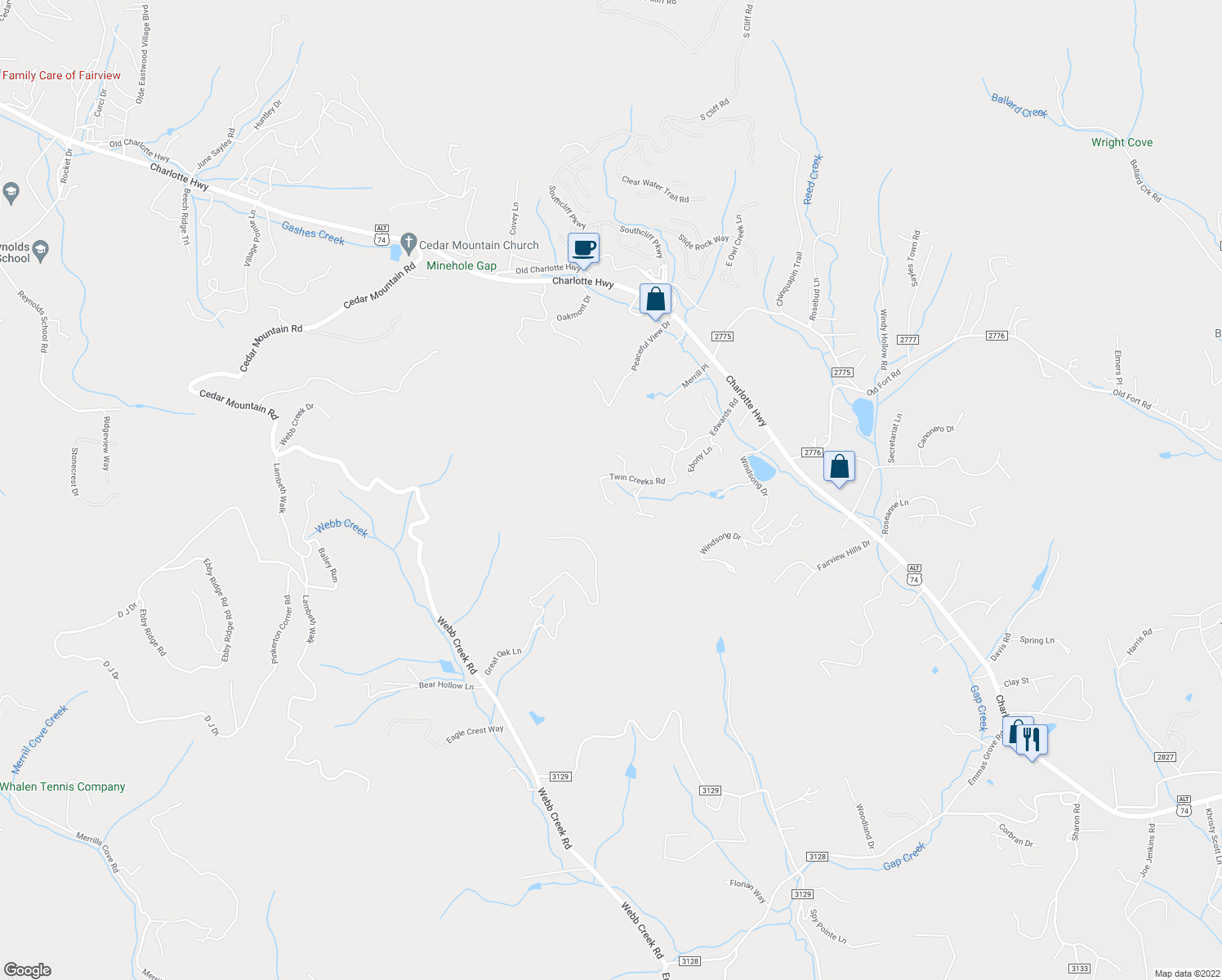 map of restaurants, bars, coffee shops, grocery stores, and more near 34 Twin Creeks Road in Fairview
