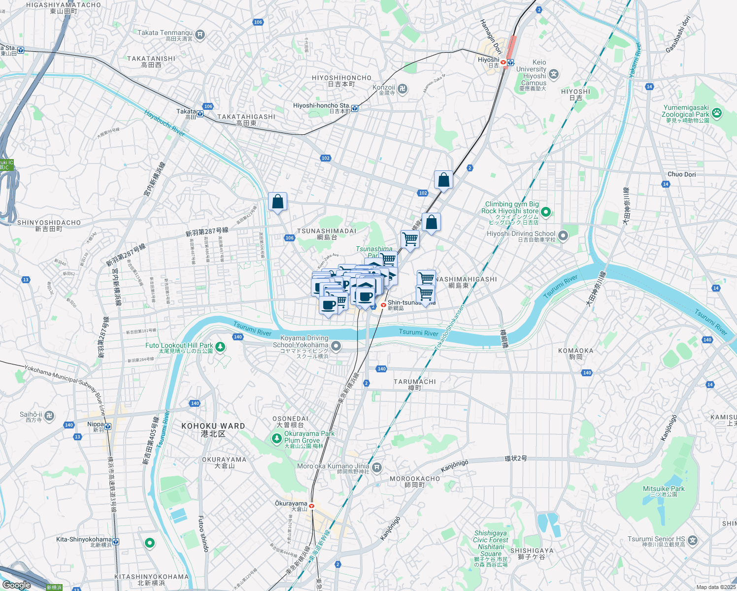 map of restaurants, bars, coffee shops, grocery stores, and more near in Yokohama
