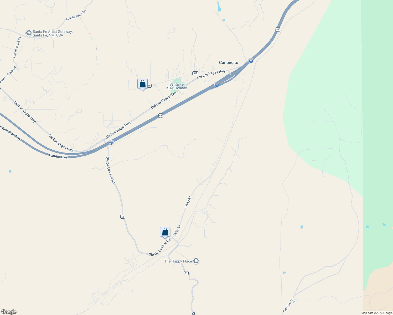 map of restaurants, bars, coffee shops, grocery stores, and more near 16 End of the Trail Road in Santa Fe