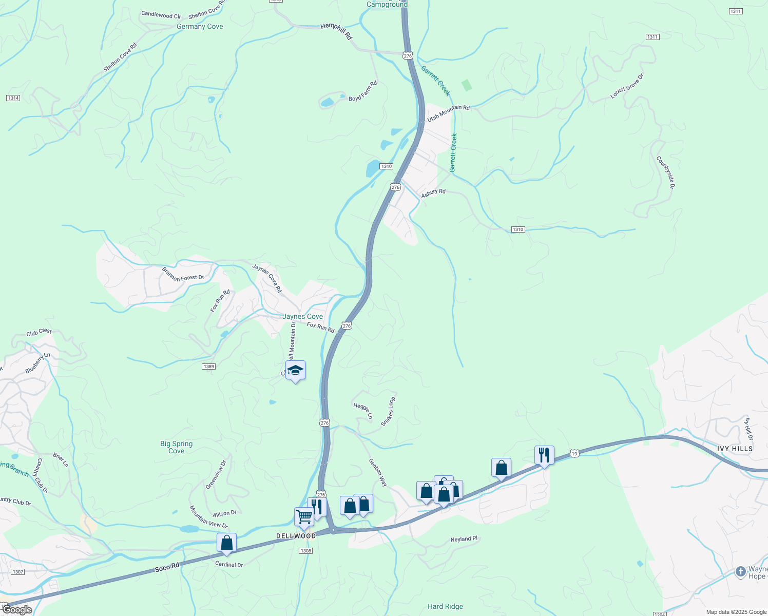 map of restaurants, bars, coffee shops, grocery stores, and more near 245 Tanner Trail in Waynesville