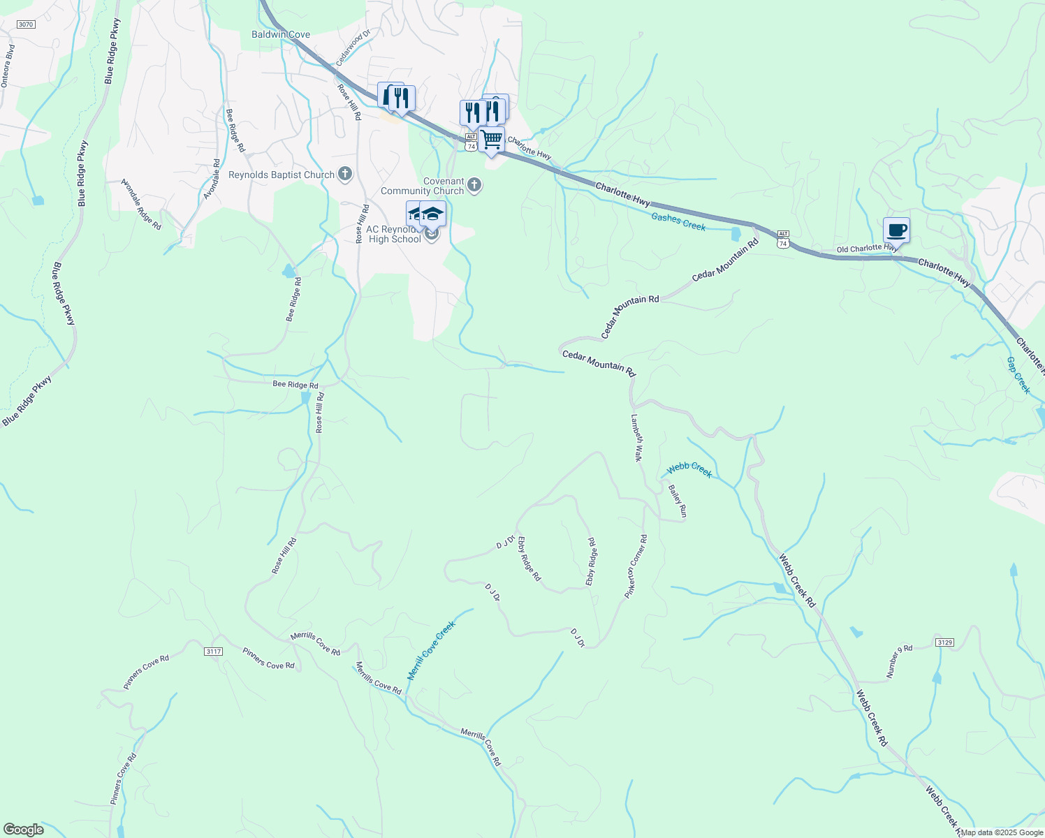 map of restaurants, bars, coffee shops, grocery stores, and more near 126 Stonecrest Drive in Asheville