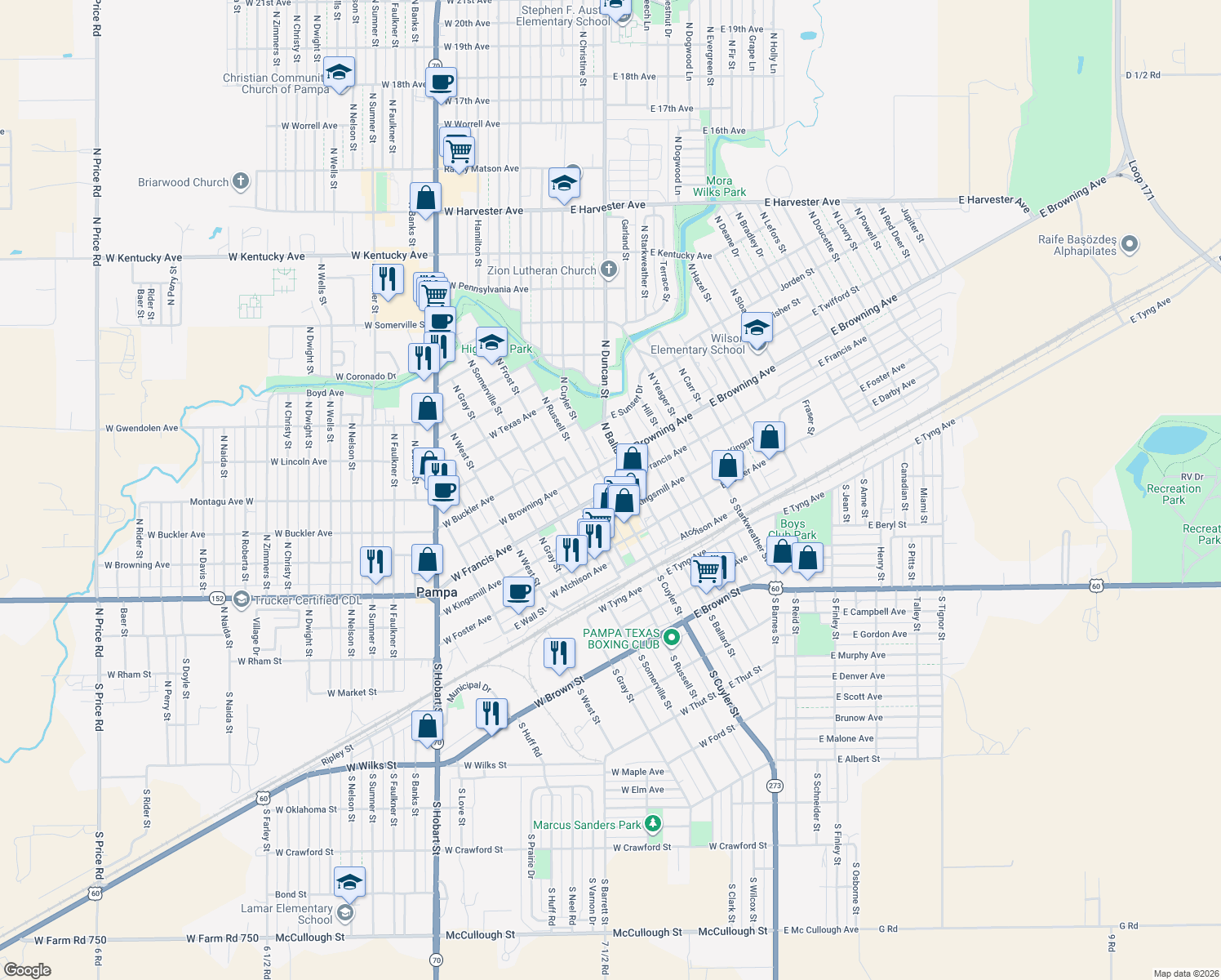 map of restaurants, bars, coffee shops, grocery stores, and more near 301 N Cuyler St in Pampa