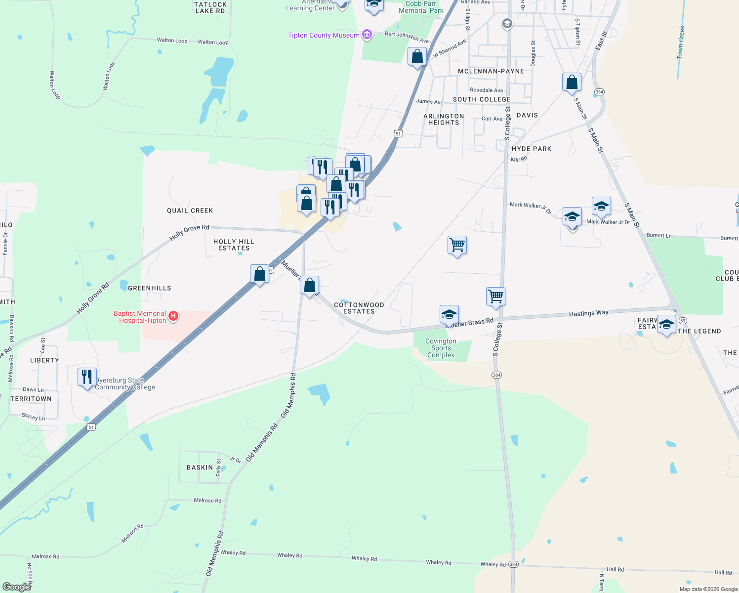 map of restaurants, bars, coffee shops, grocery stores, and more near 1843 Cottonwood Place in Covington