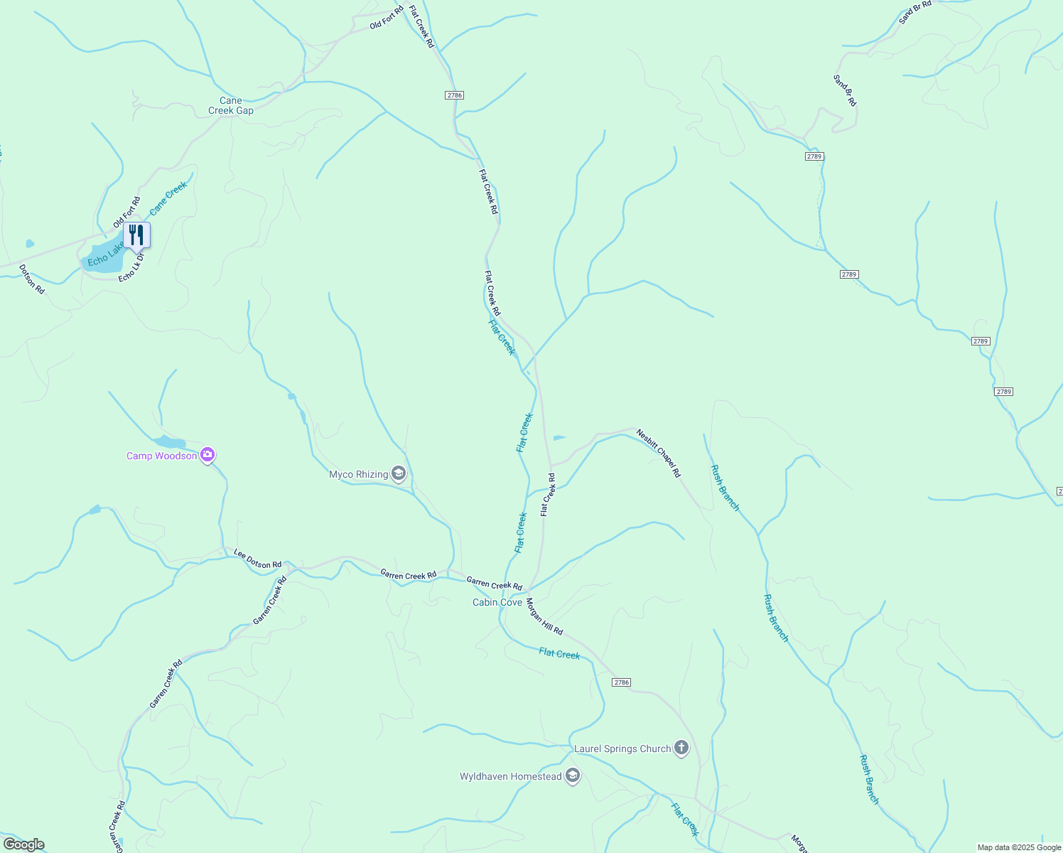 map of restaurants, bars, coffee shops, grocery stores, and more near 335 Flat Creek Road in Fairview