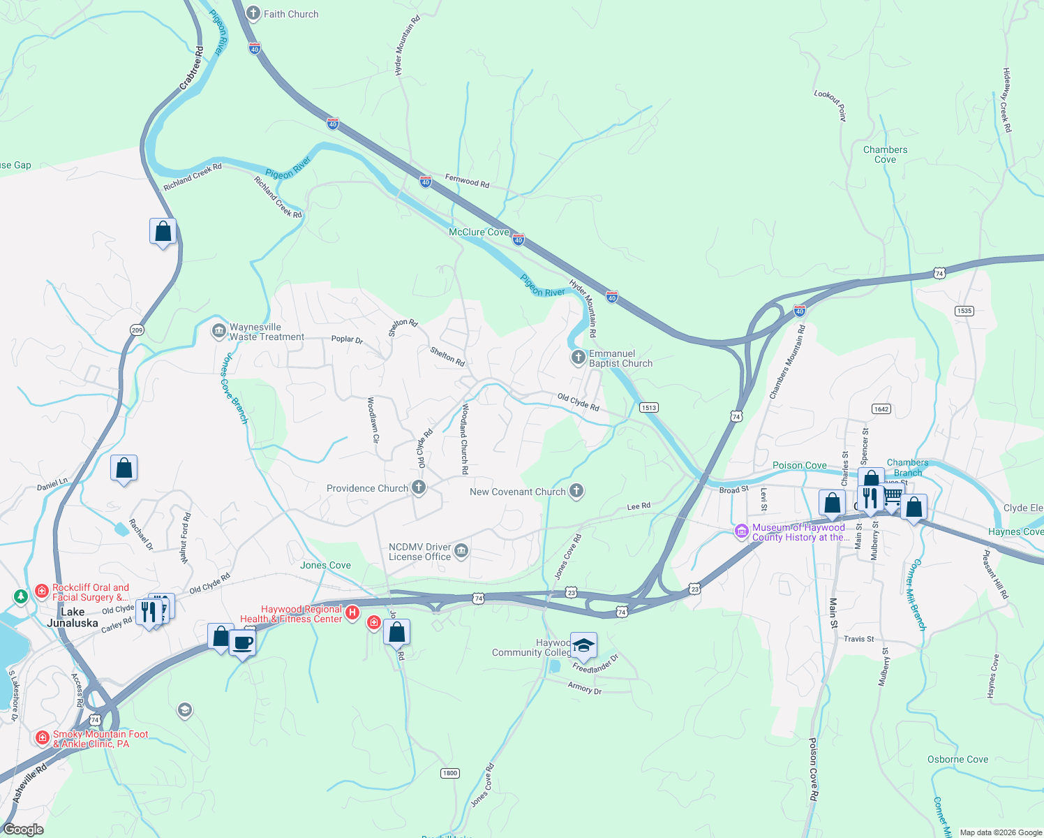 map of restaurants, bars, coffee shops, grocery stores, and more near 41 Camelot Drive in Clyde
