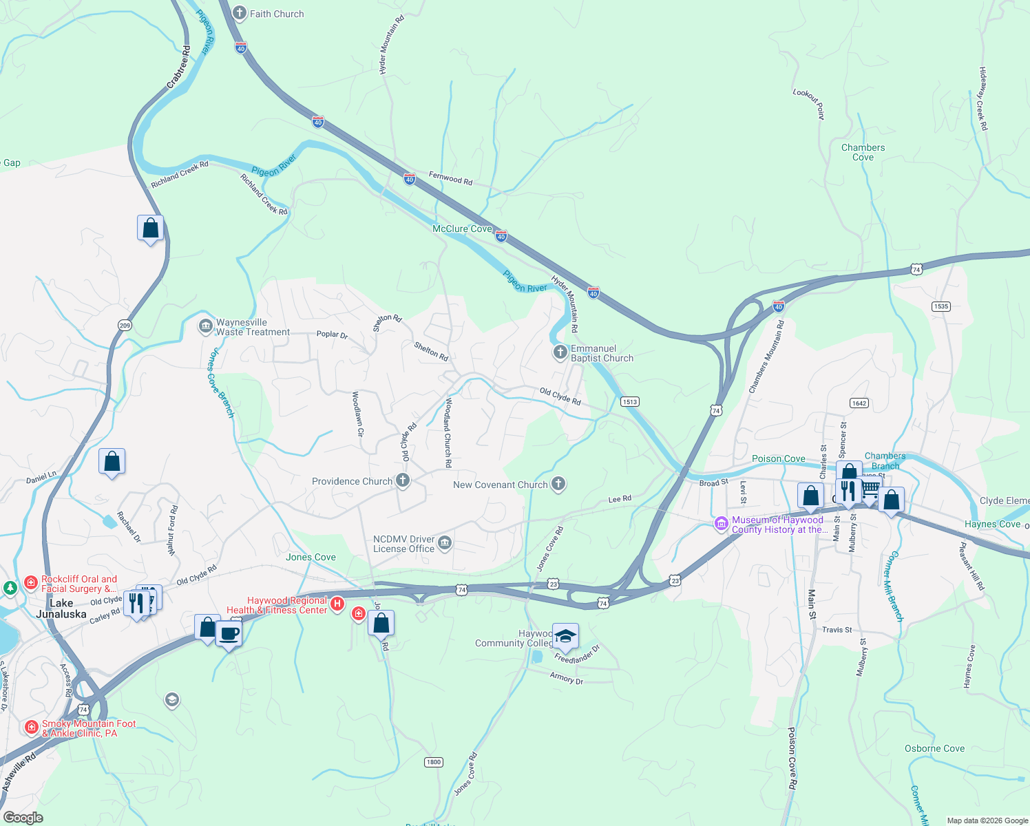 map of restaurants, bars, coffee shops, grocery stores, and more near 41 Camelot Drive in Clyde