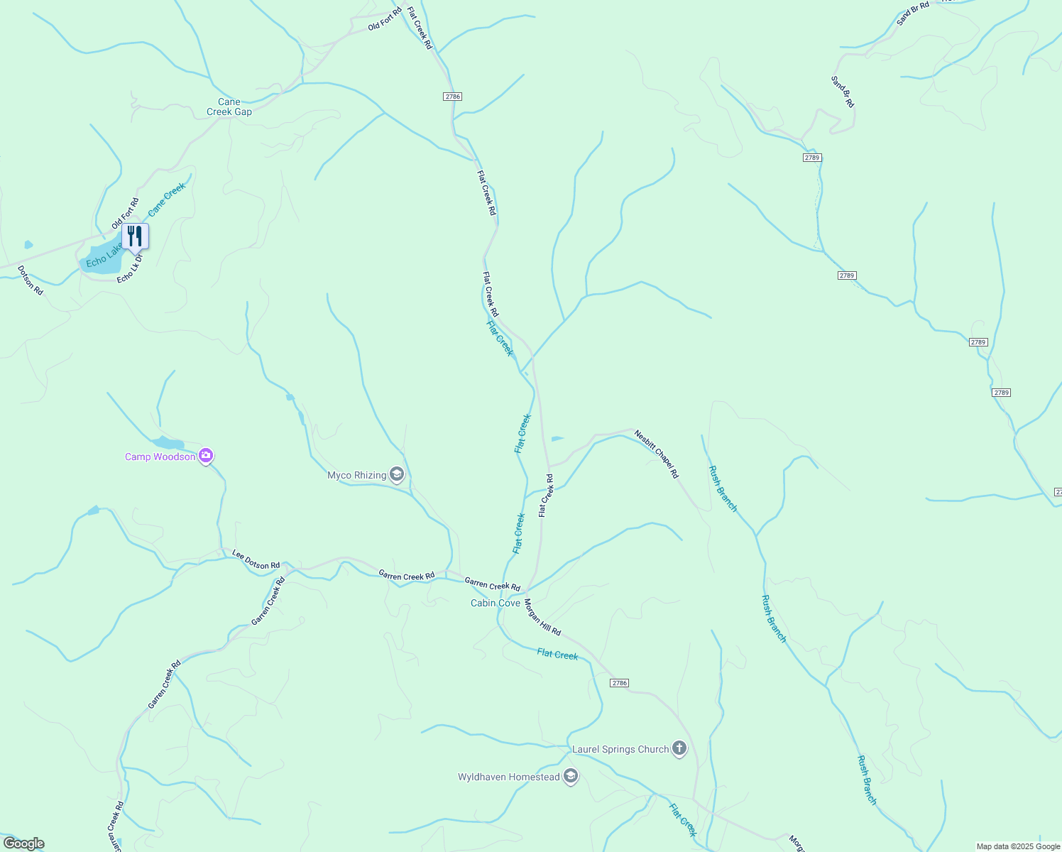 map of restaurants, bars, coffee shops, grocery stores, and more near 335 Flat Creek Road in Fairview