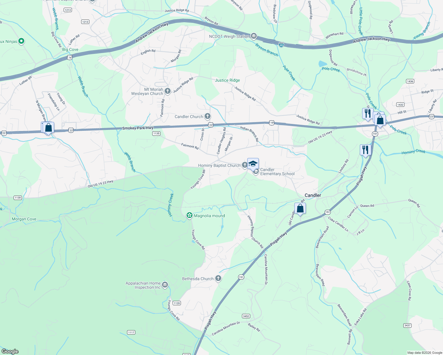 map of restaurants, bars, coffee shops, grocery stores, and more near 22 Nicola Drive in Candler