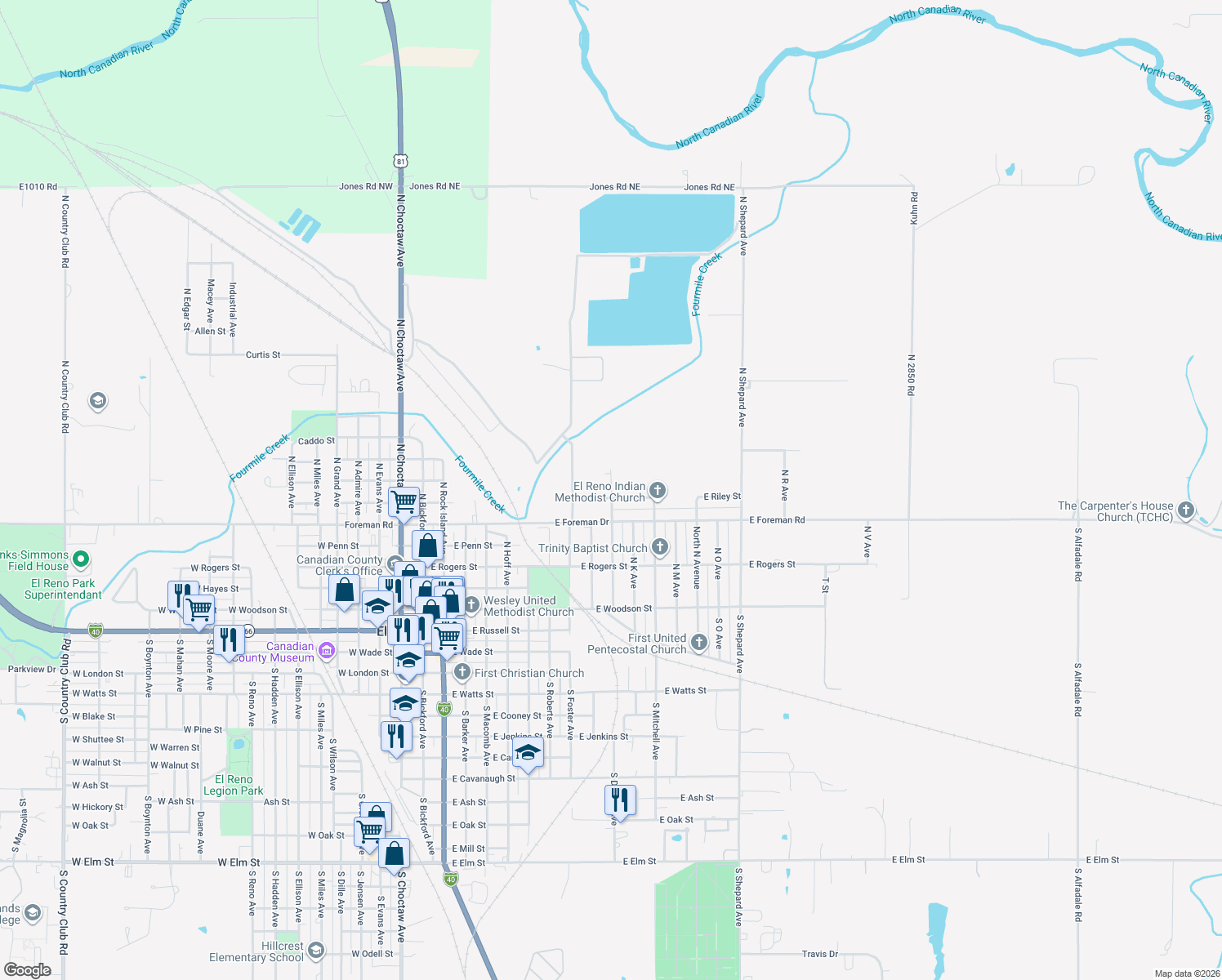 map of restaurants, bars, coffee shops, grocery stores, and more near 401 North Donald Avenue in El Reno
