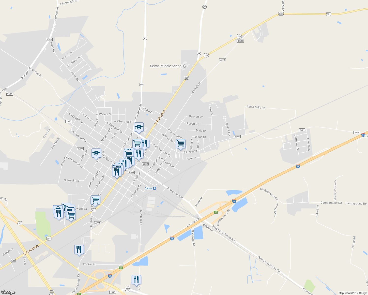 map of restaurants, bars, coffee shops, grocery stores, and more near 506 Winston Circle in Selma