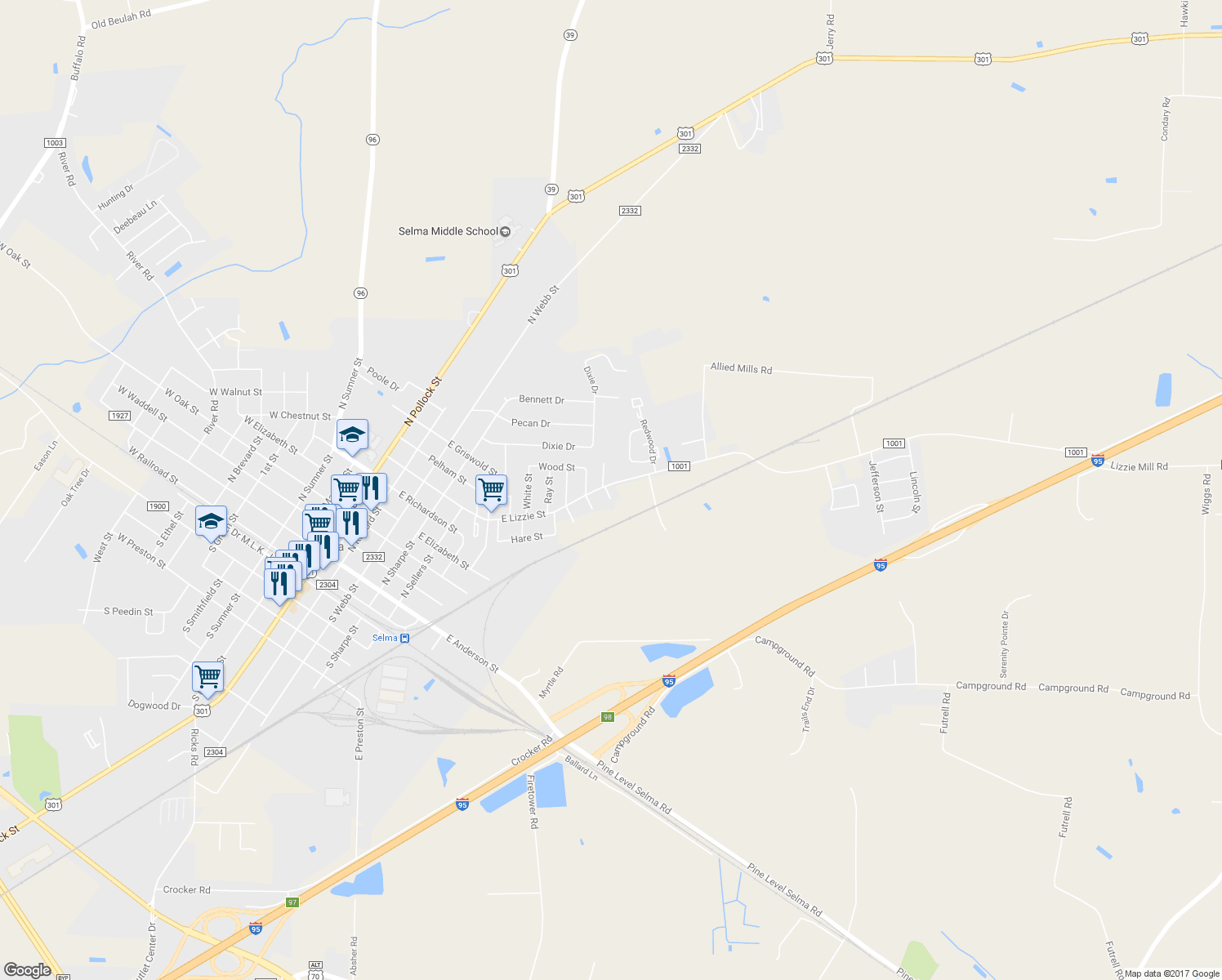 map of restaurants, bars, coffee shops, grocery stores, and more near 534 Spindale Street in Selma