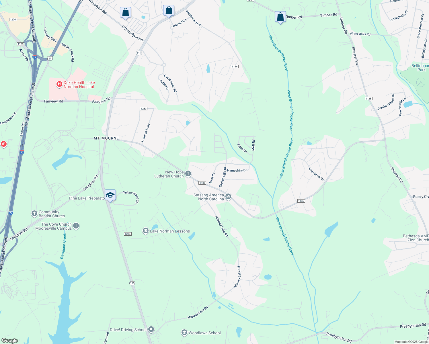 map of restaurants, bars, coffee shops, grocery stores, and more near 130 Mott Road in Mooresville