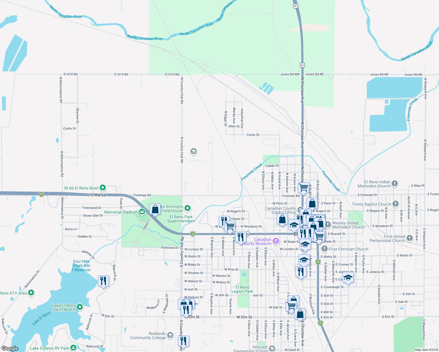 map of restaurants, bars, coffee shops, grocery stores, and more near 702 North Boynton Avenue in El Reno