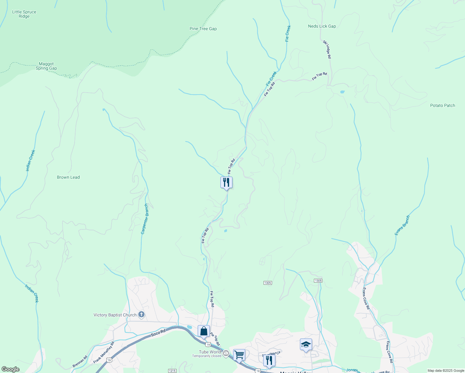 map of restaurants, bars, coffee shops, grocery stores, and more near 39 Leanto Ridge in Maggie Valley