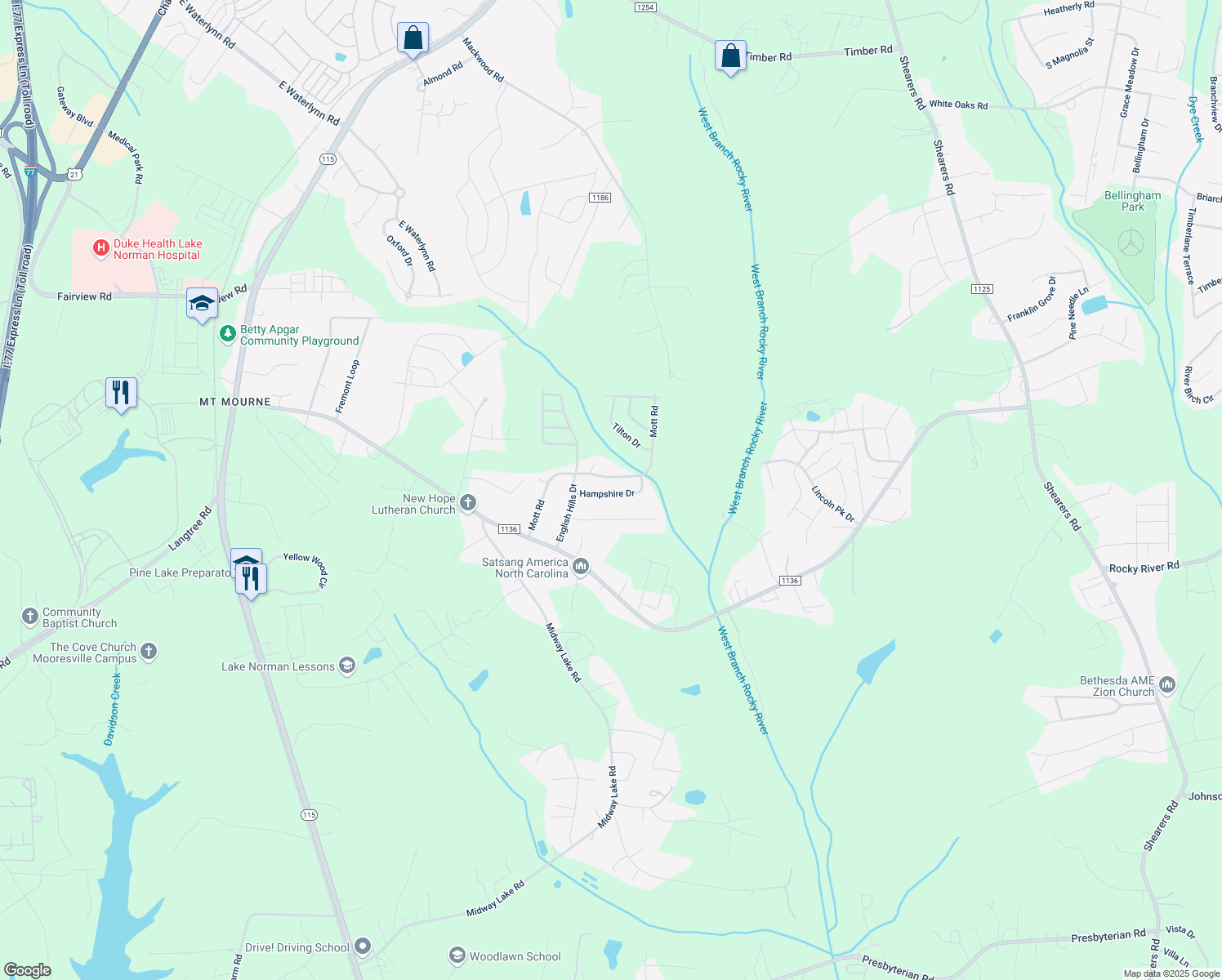 map of restaurants, bars, coffee shops, grocery stores, and more near 129 Hampshire Drive in Mooresville