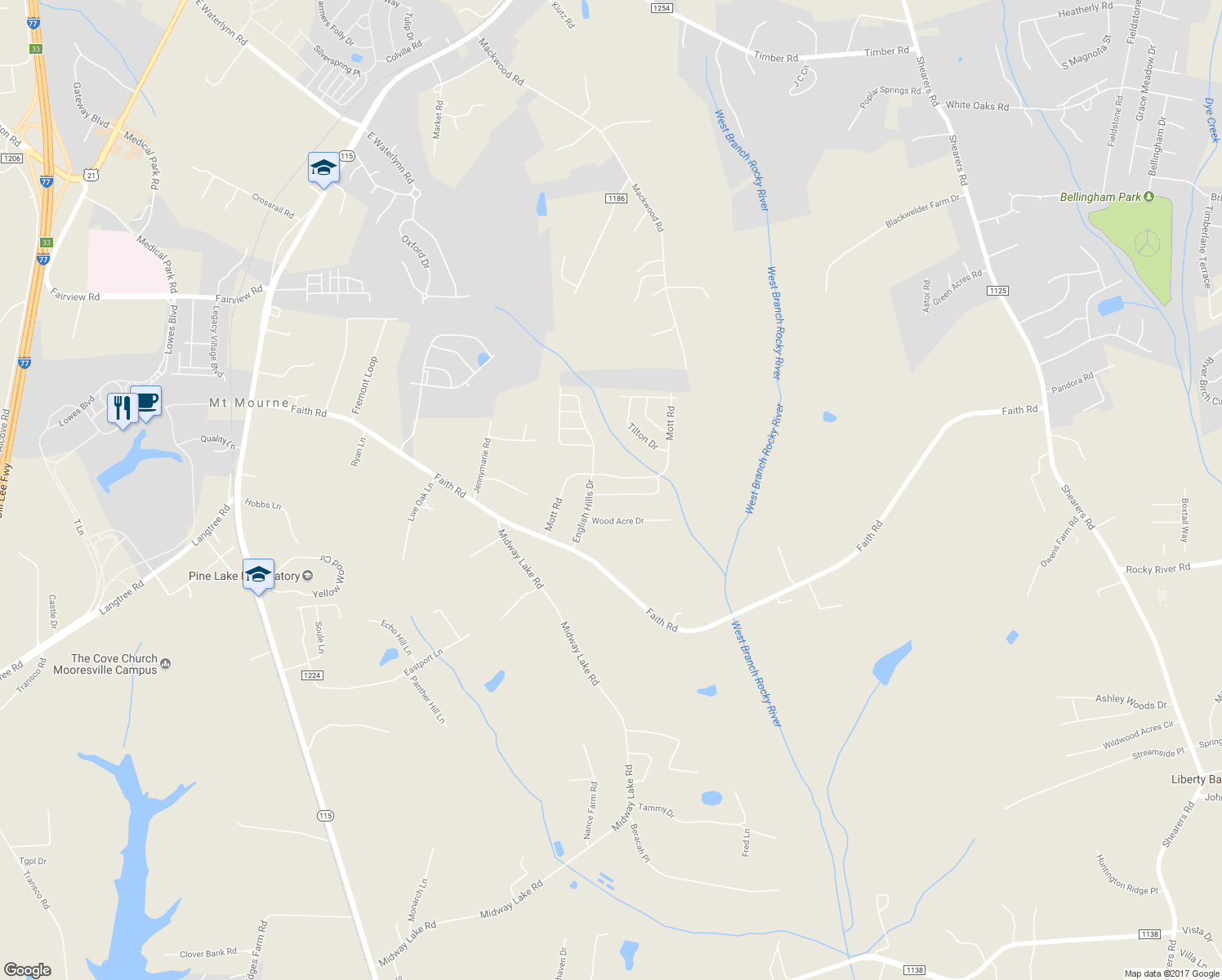 map of restaurants, bars, coffee shops, grocery stores, and more near 117 Hampshire Drive in Mooresville