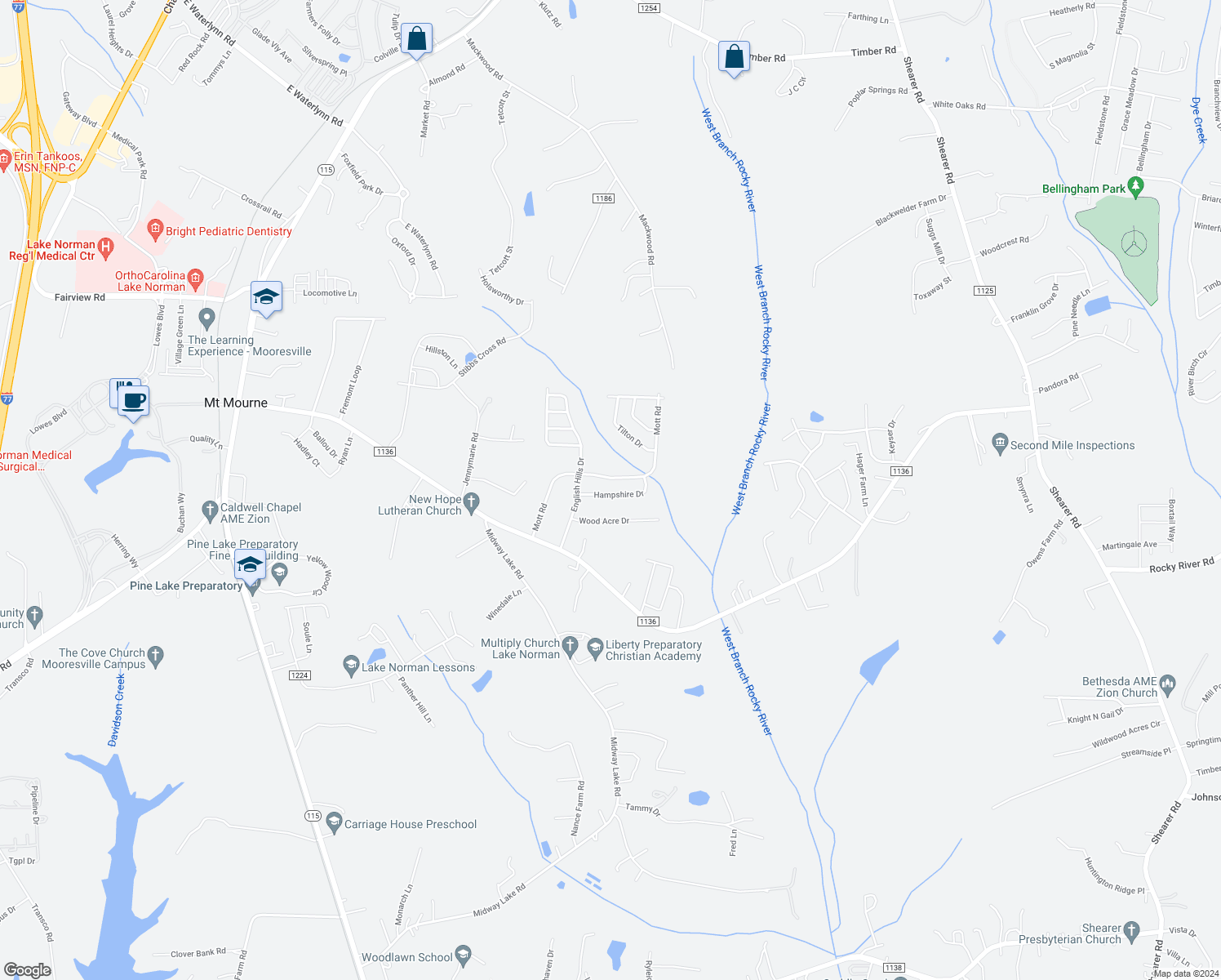 map of restaurants, bars, coffee shops, grocery stores, and more near 127 Hampshire Drive in Mooresville