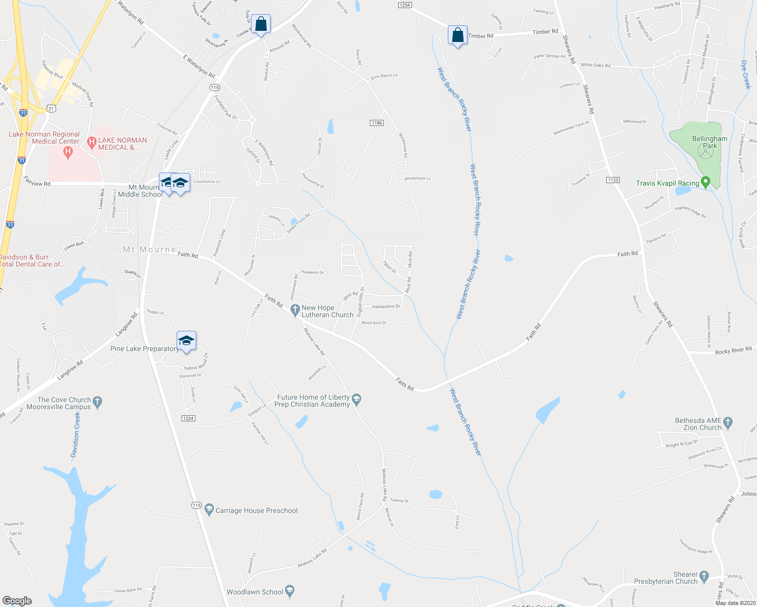 map of restaurants, bars, coffee shops, grocery stores, and more near 125 Hampshire Drive in Mooresville