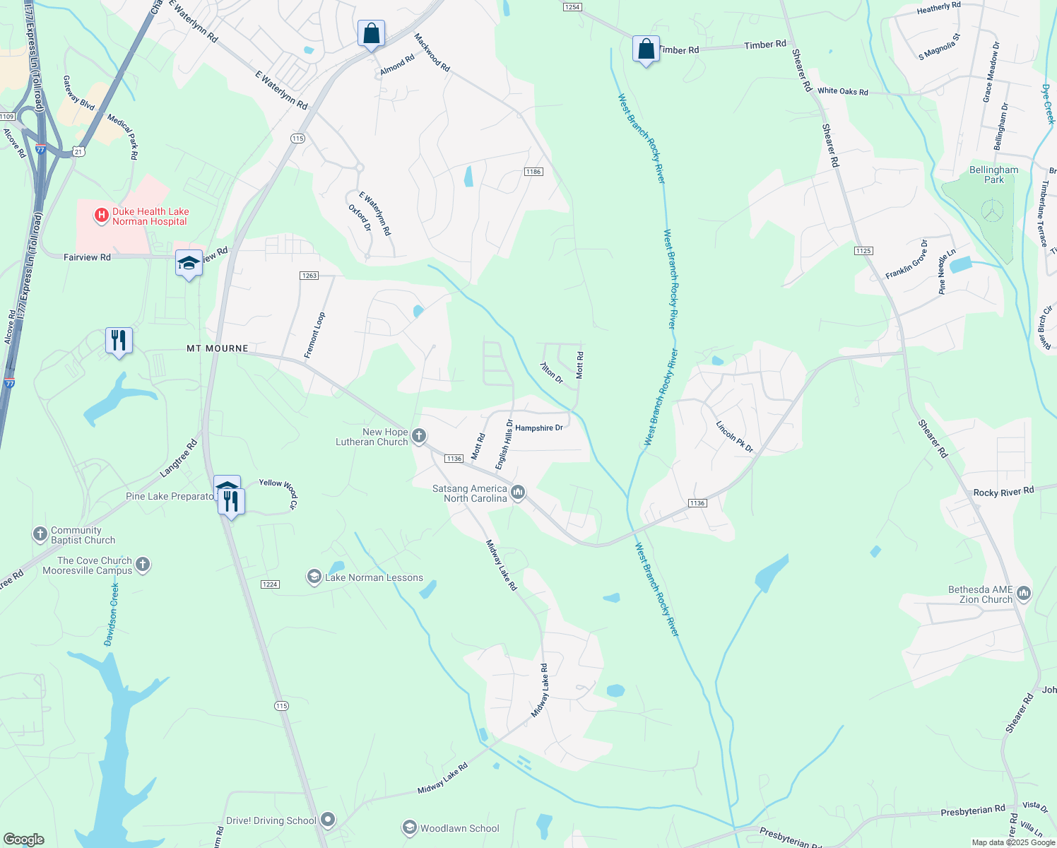 map of restaurants, bars, coffee shops, grocery stores, and more near 117 Hampshire Drive in Mooresville