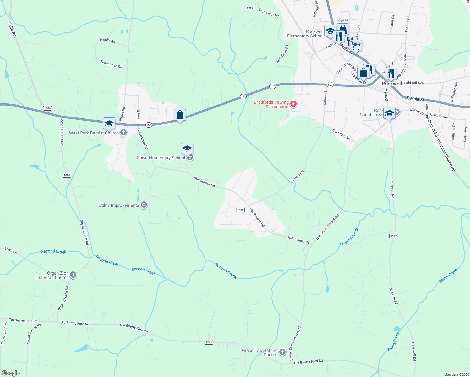 map of restaurants, bars, coffee shops, grocery stores, and more near 905 Holshouser Road in Rockwell