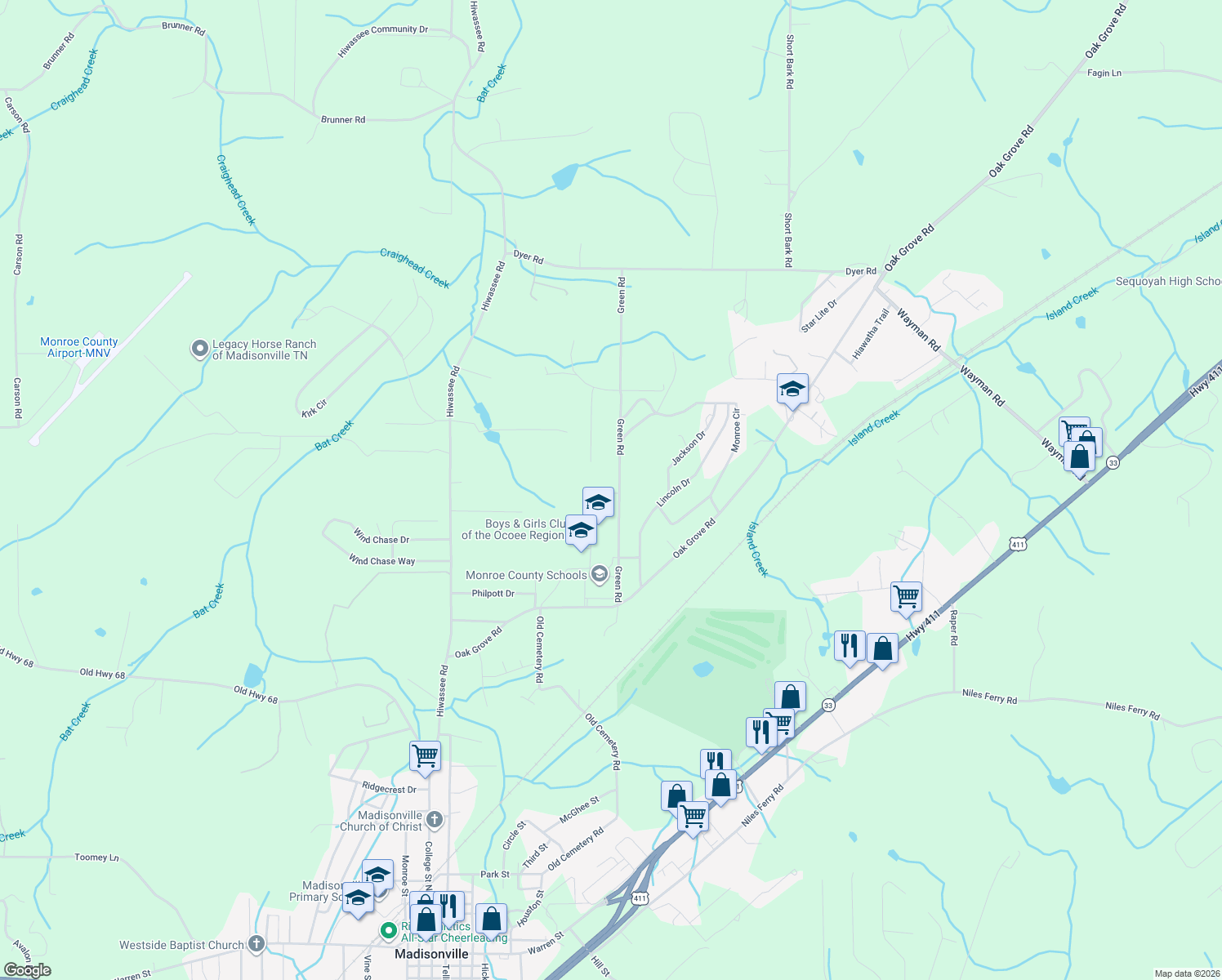 map of restaurants, bars, coffee shops, grocery stores, and more near 1034 Green Road in Madisonville