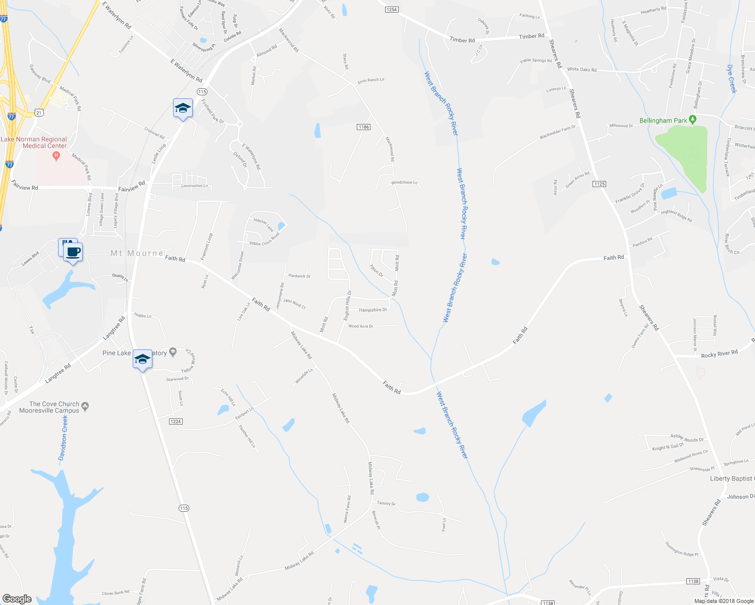 map of restaurants, bars, coffee shops, grocery stores, and more near 192 Mott Road in Mooresville