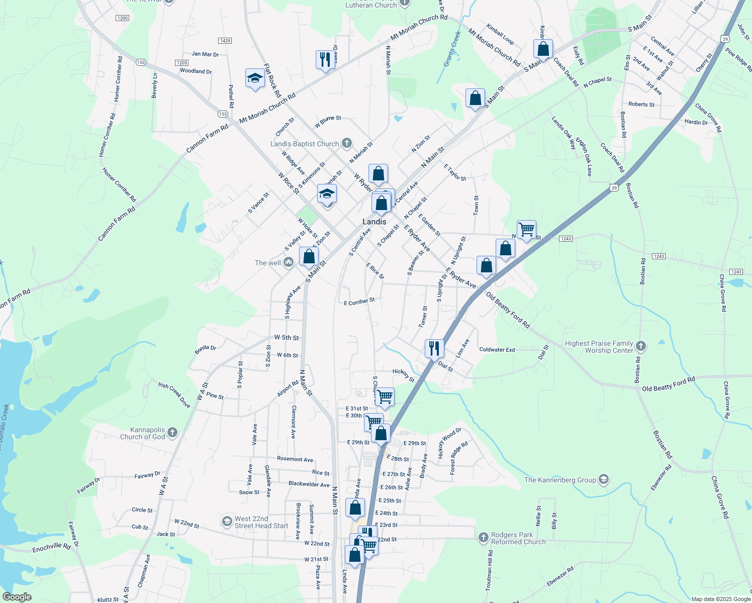 map of restaurants, bars, coffee shops, grocery stores, and more near 406 East Corriher Street in Landis