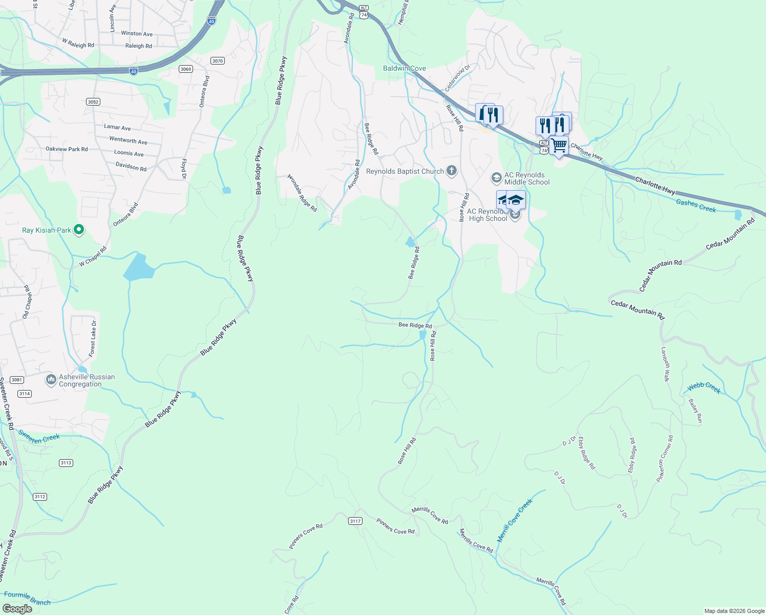 map of restaurants, bars, coffee shops, grocery stores, and more near 221 Bee Ridge Road in Asheville